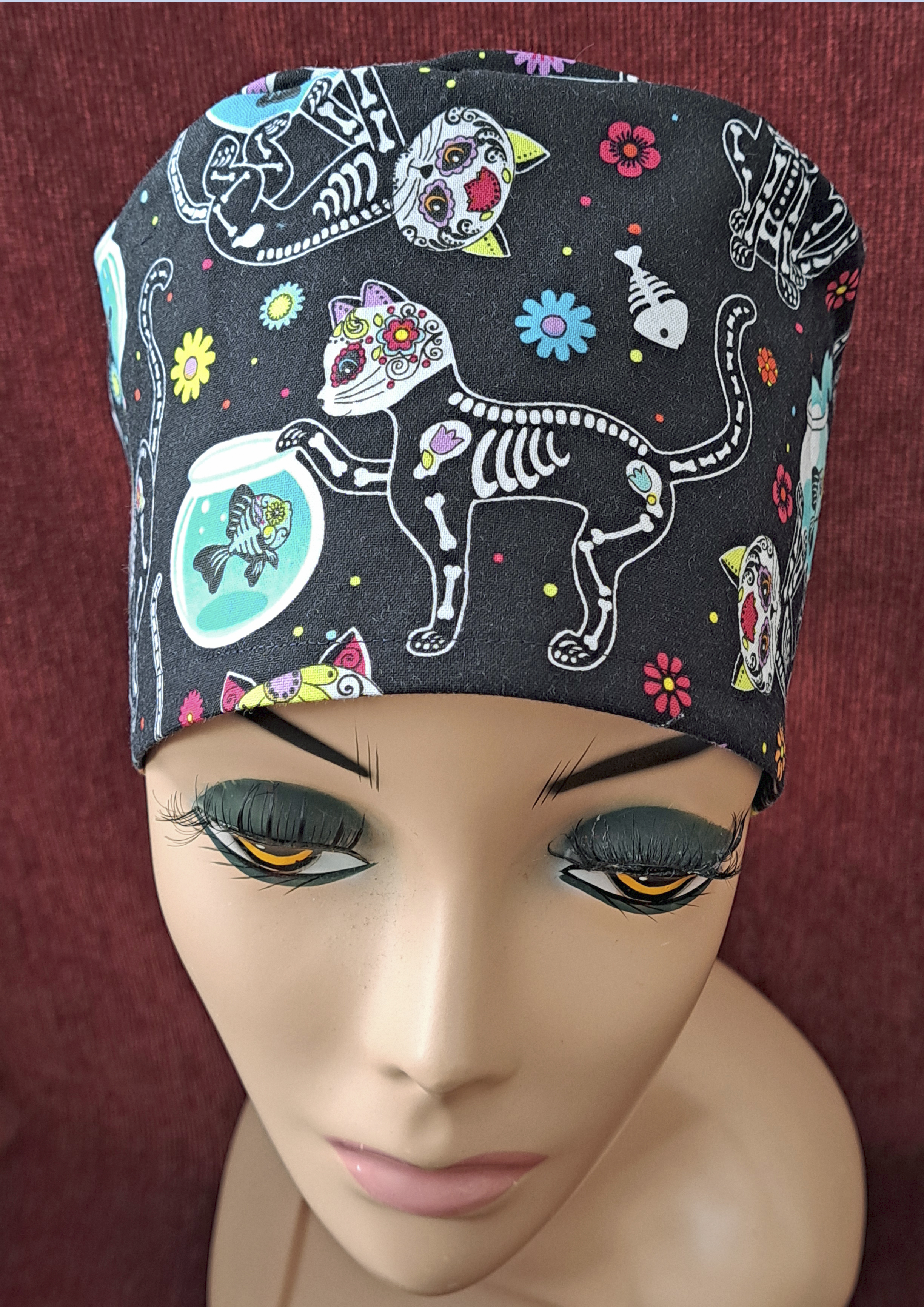 Handmade Day of the Dead Kitties Scrub Cap