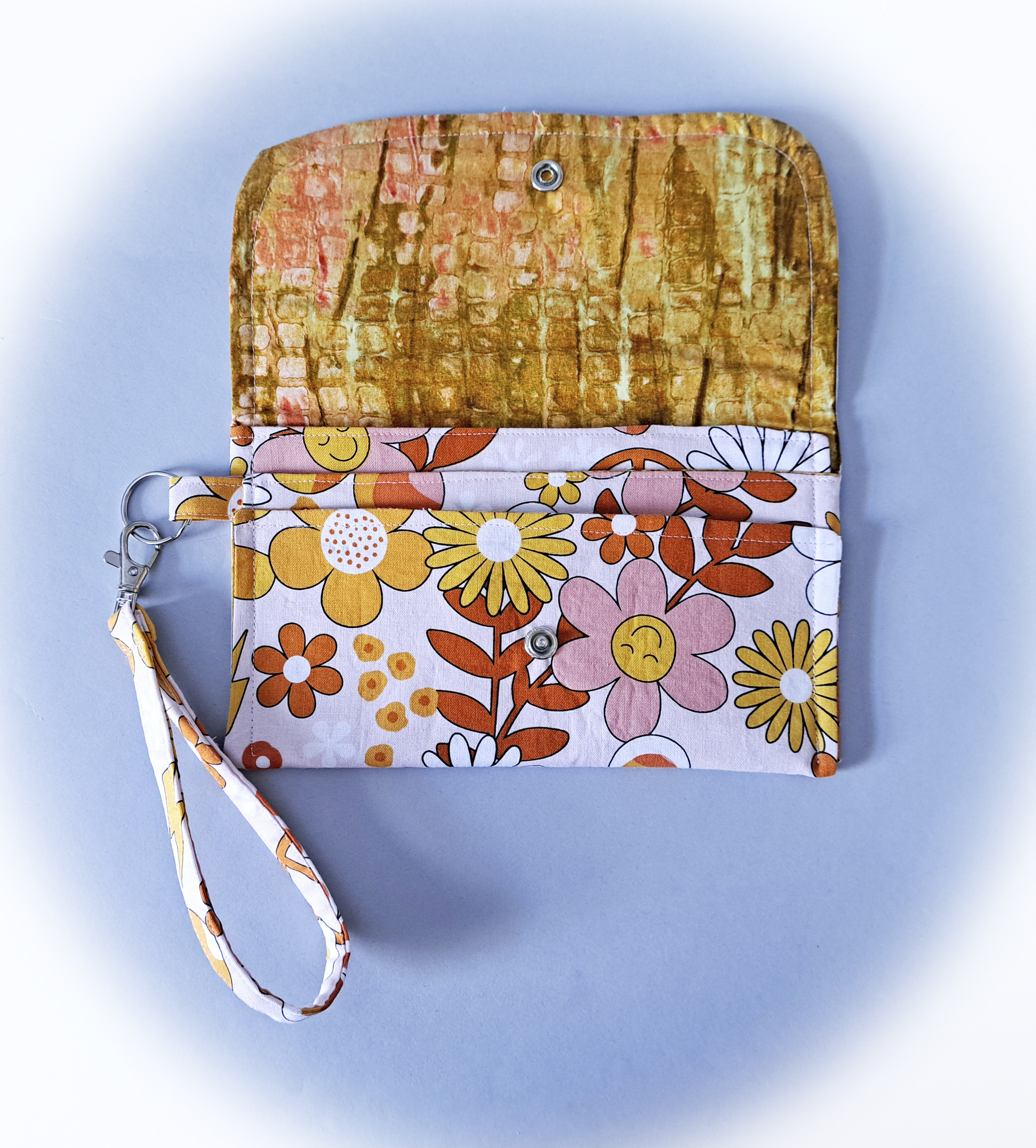 Large Handmade Floral fabric Wallet with Detachable Wrist Strap