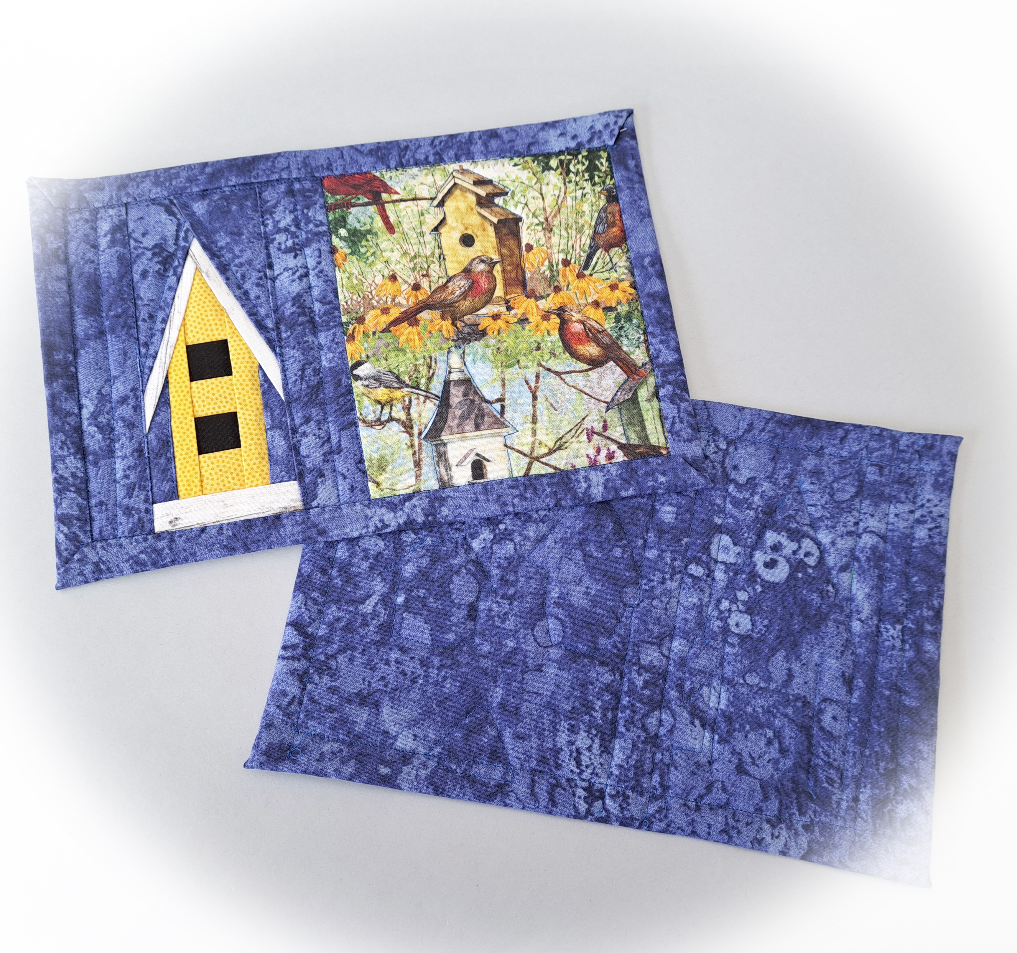 Handmade Fabric Quilted Birdhouse Design Mug Rugs - Set of 2