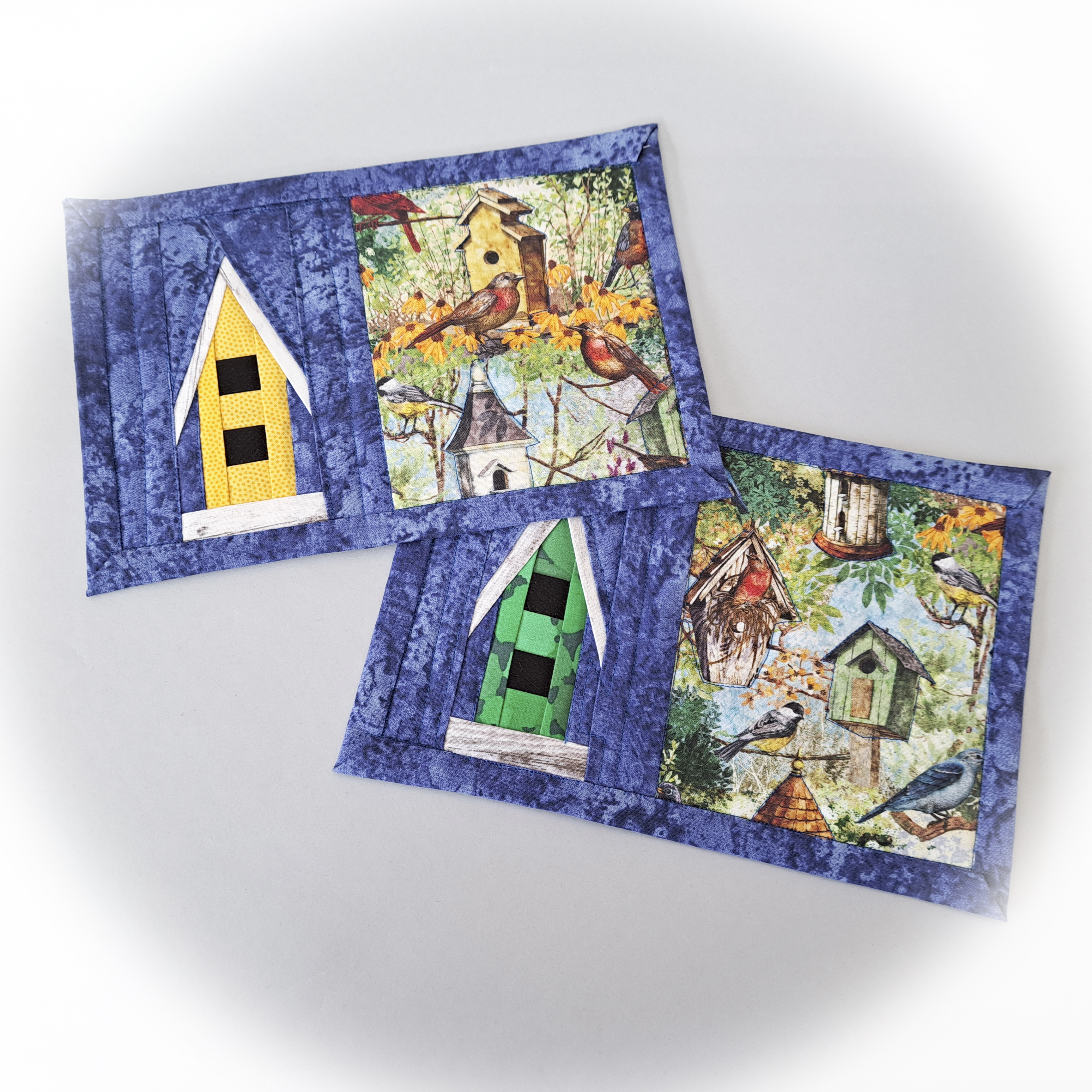 Handmade Fabric Quilted Birdhouse Design Mug Rugs - Set of 2