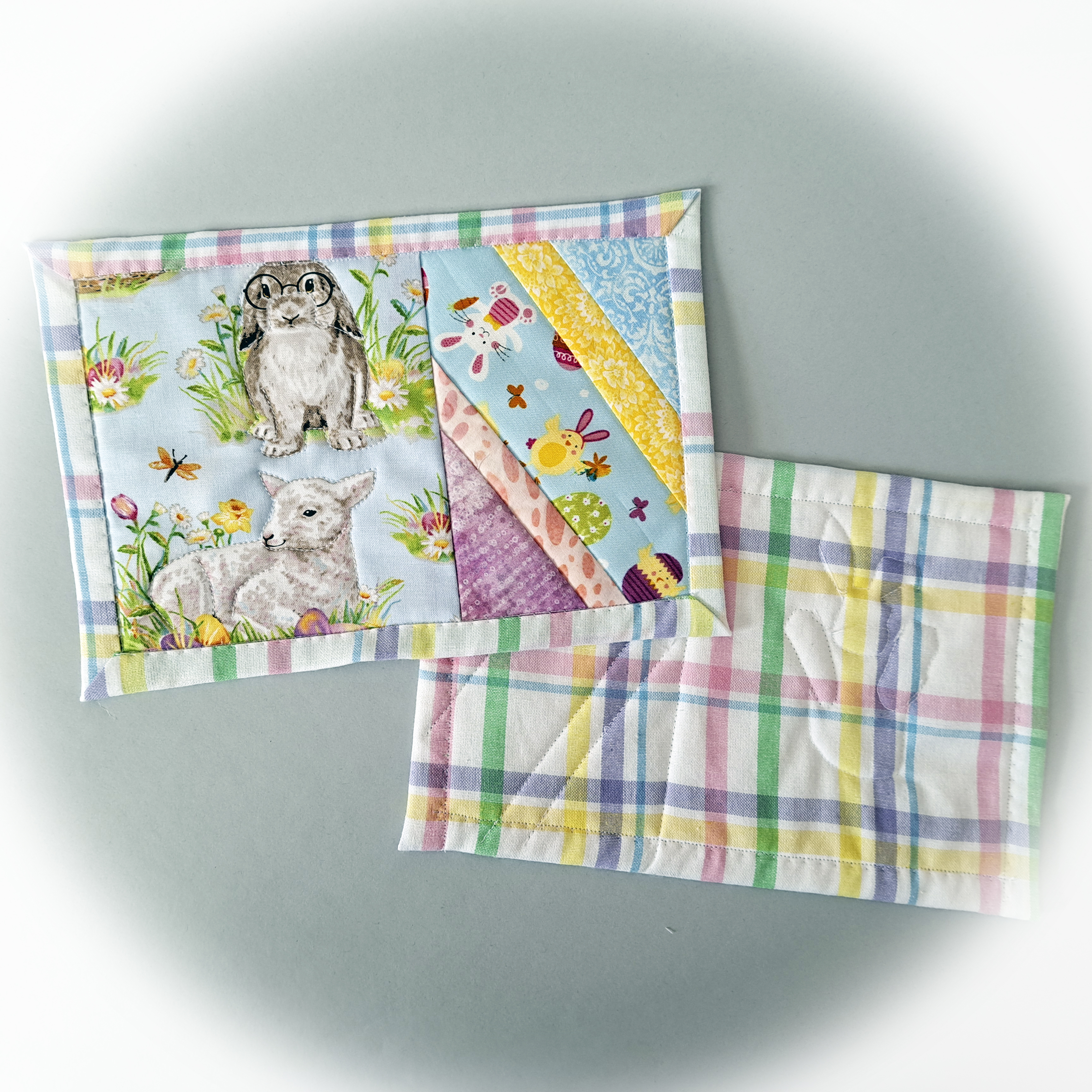 Handmade Fabric Quilted Mug Rugs - Easter Bunnies and Lamb - Set of 2