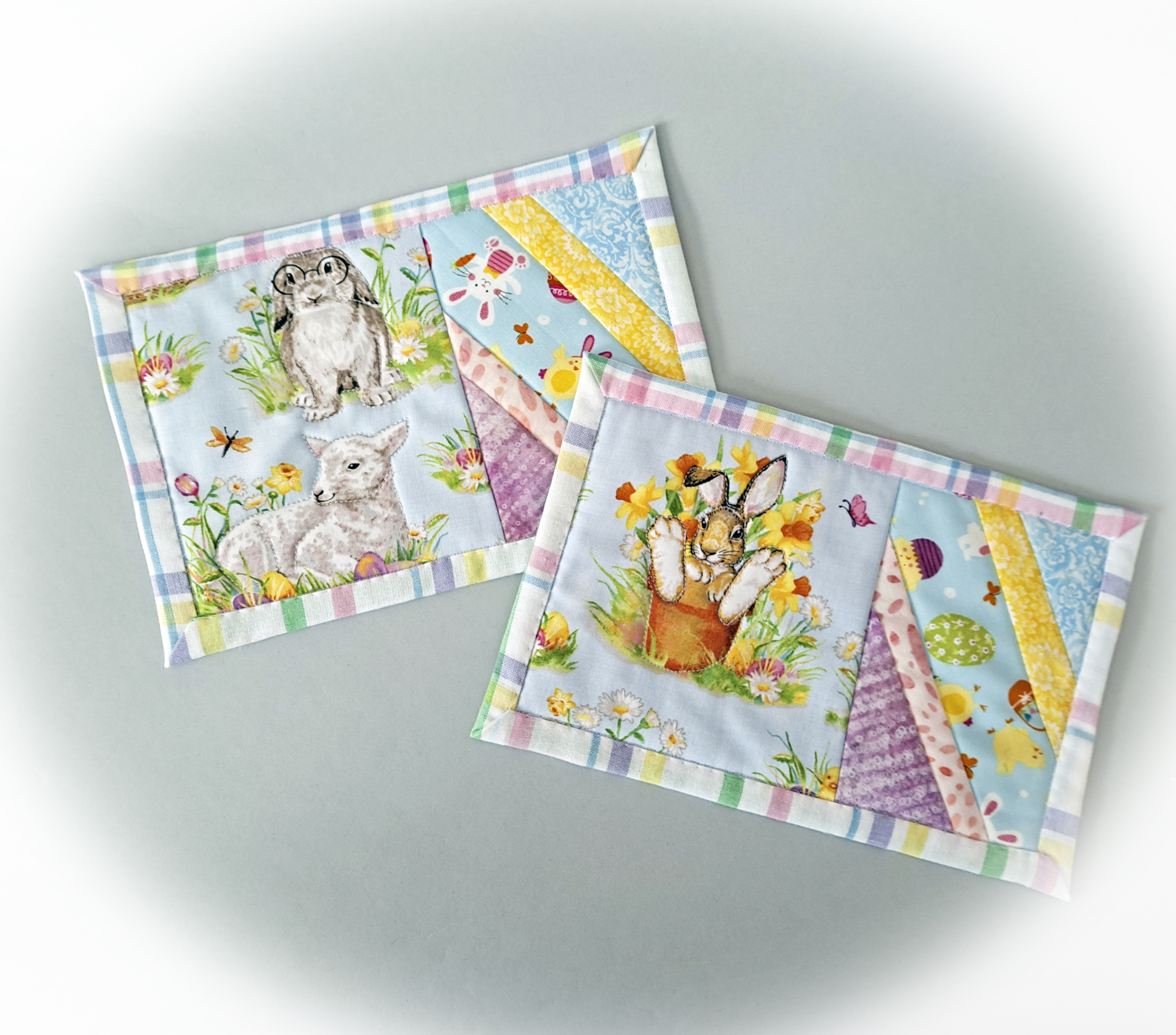 Handmade Fabric Quilted Mug Rugs - Easter Bunnies and Lamb - Set of 2