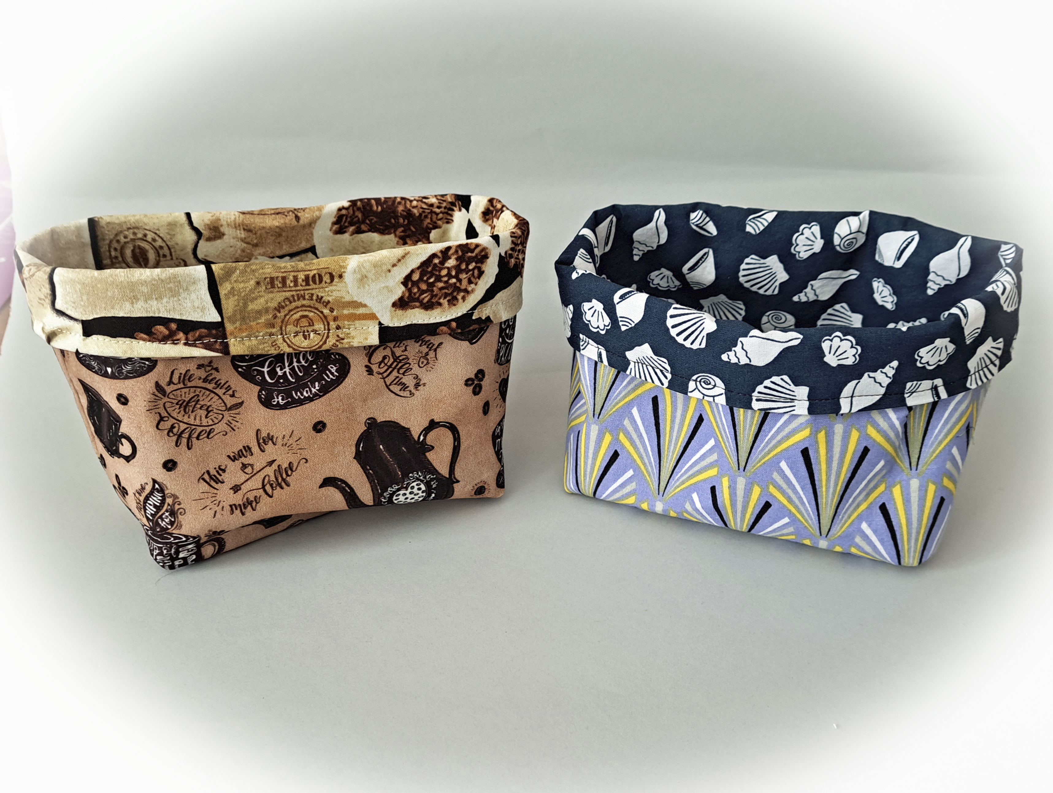 Handmade Reversible Fabric Storage or Gift Basket - Coffee or Ocean Themed Fabric