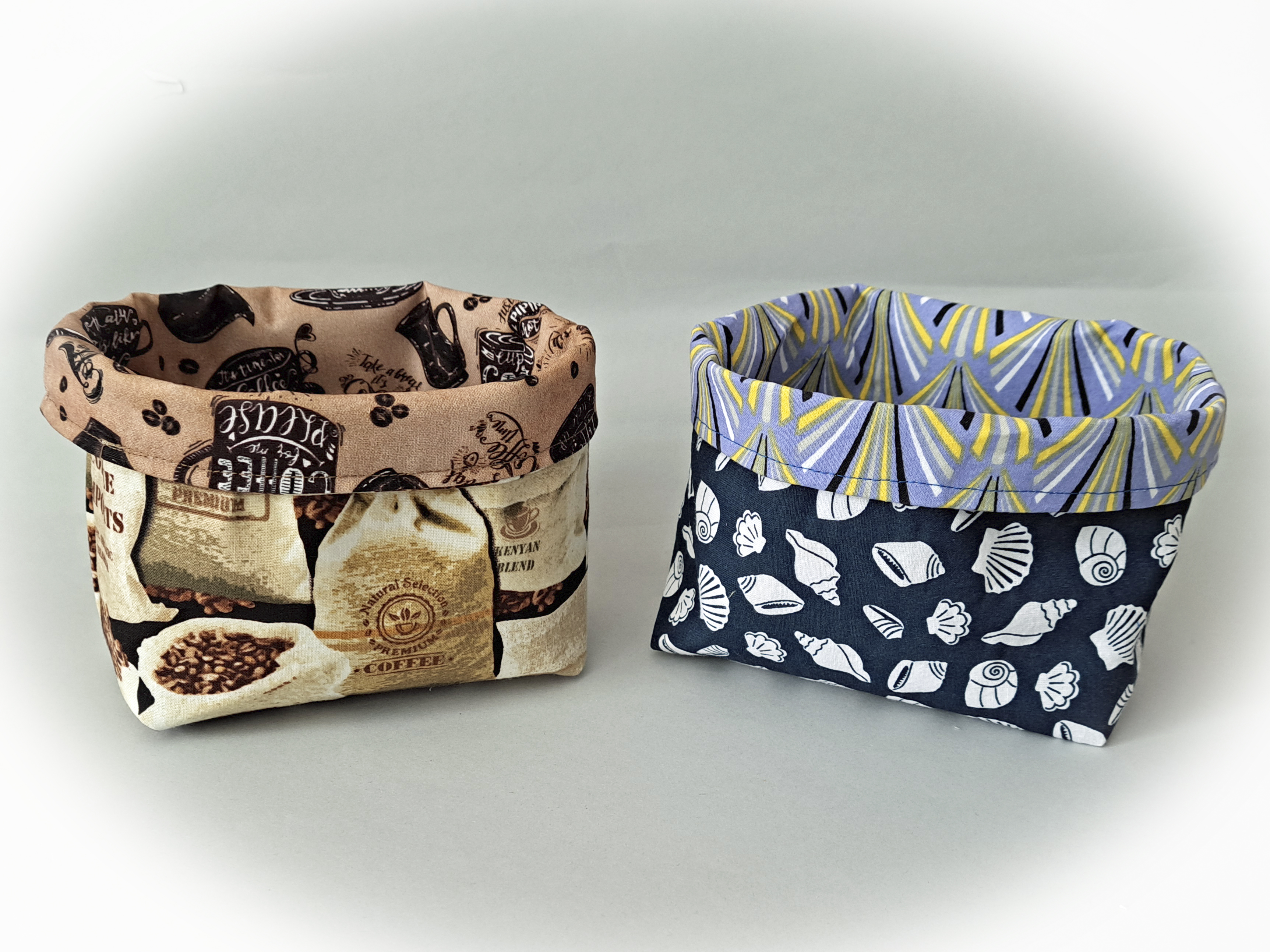 Handmade Reversible Fabric Storage or Gift Basket - Coffee or Ocean Themed Fabric