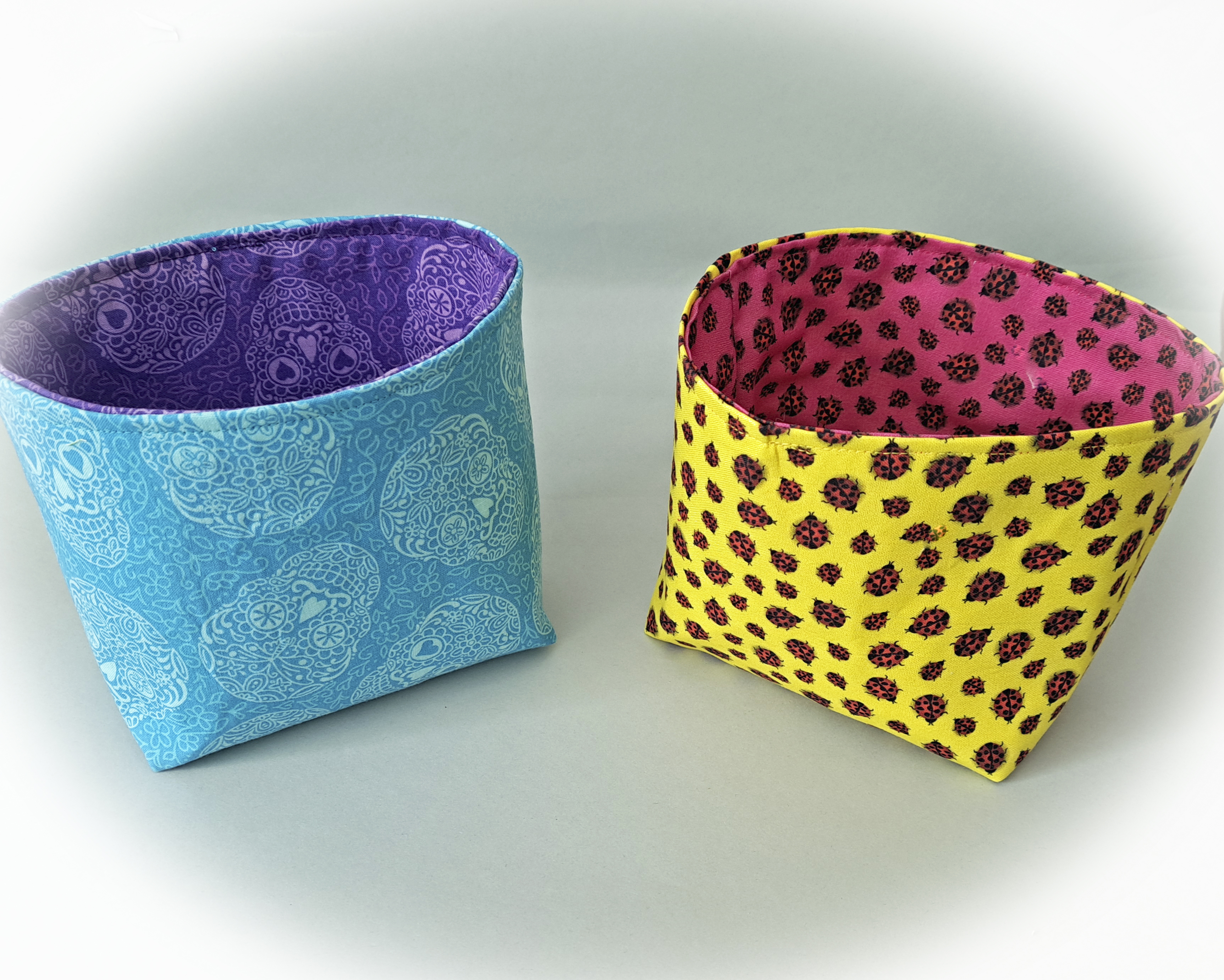 Handmade Reversible Fabric Storage or Gift Basket - Ladybug or Skull Fabric