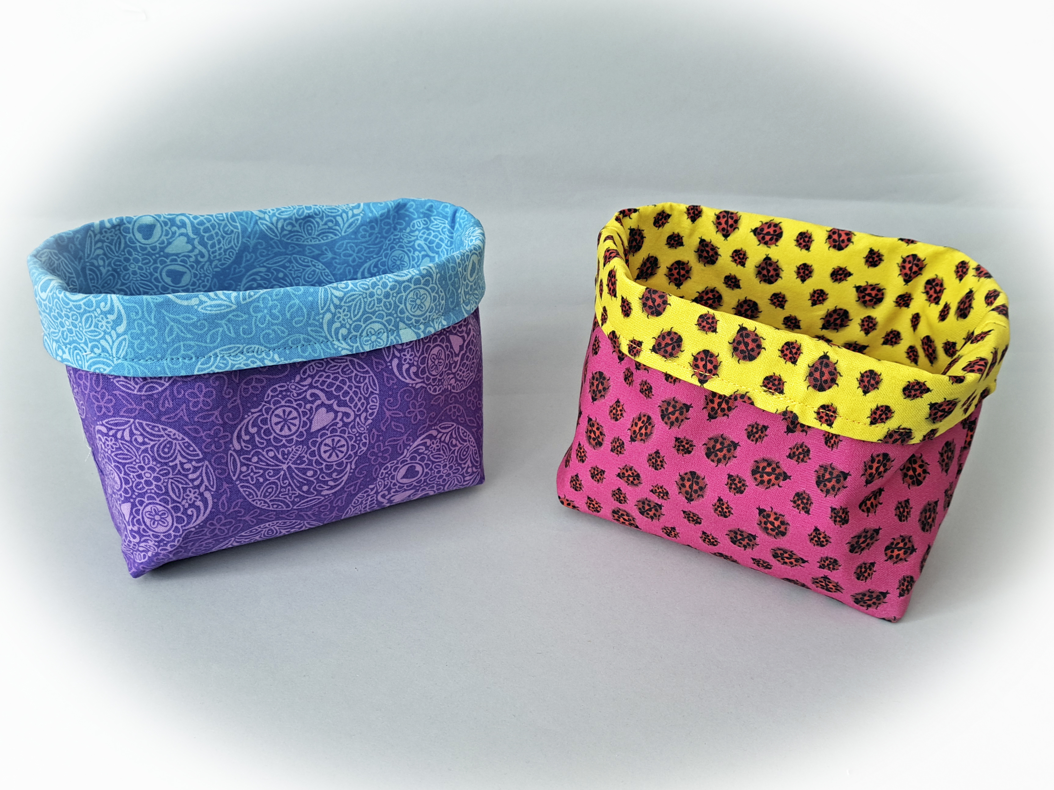 Handmade Reversible Fabric Storage or Gift Basket - Ladybug or Skull Fabric