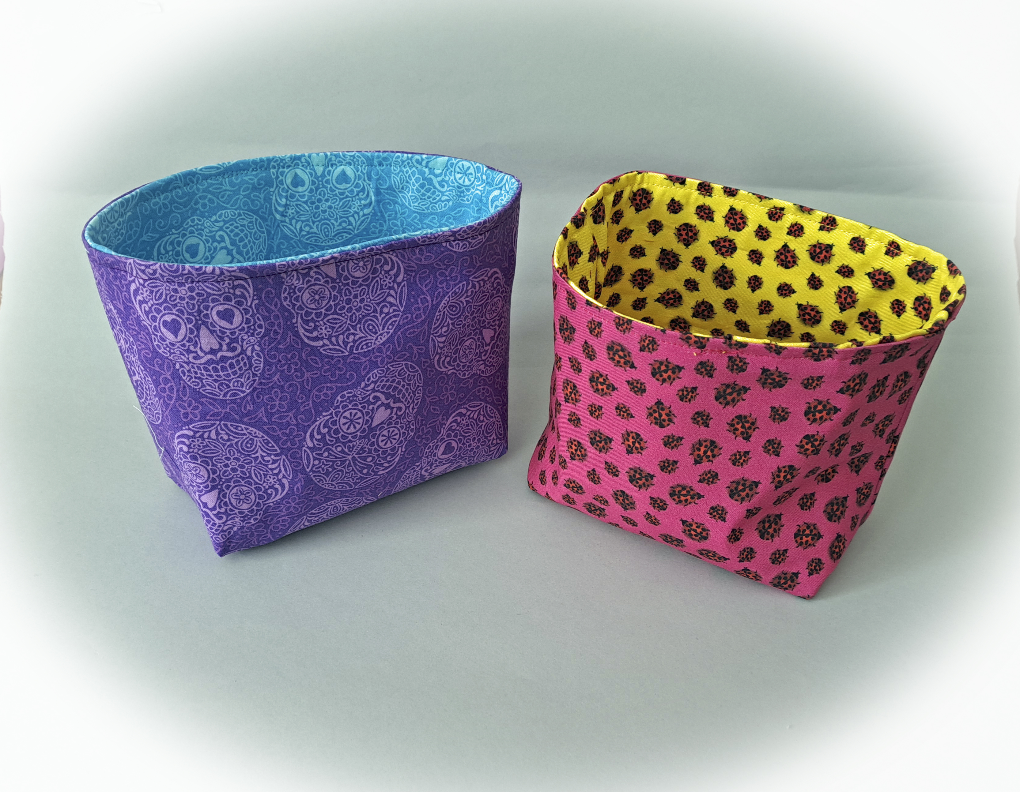 Handmade Reversible Fabric Storage or Gift Basket - Ladybug or Skull Fabric