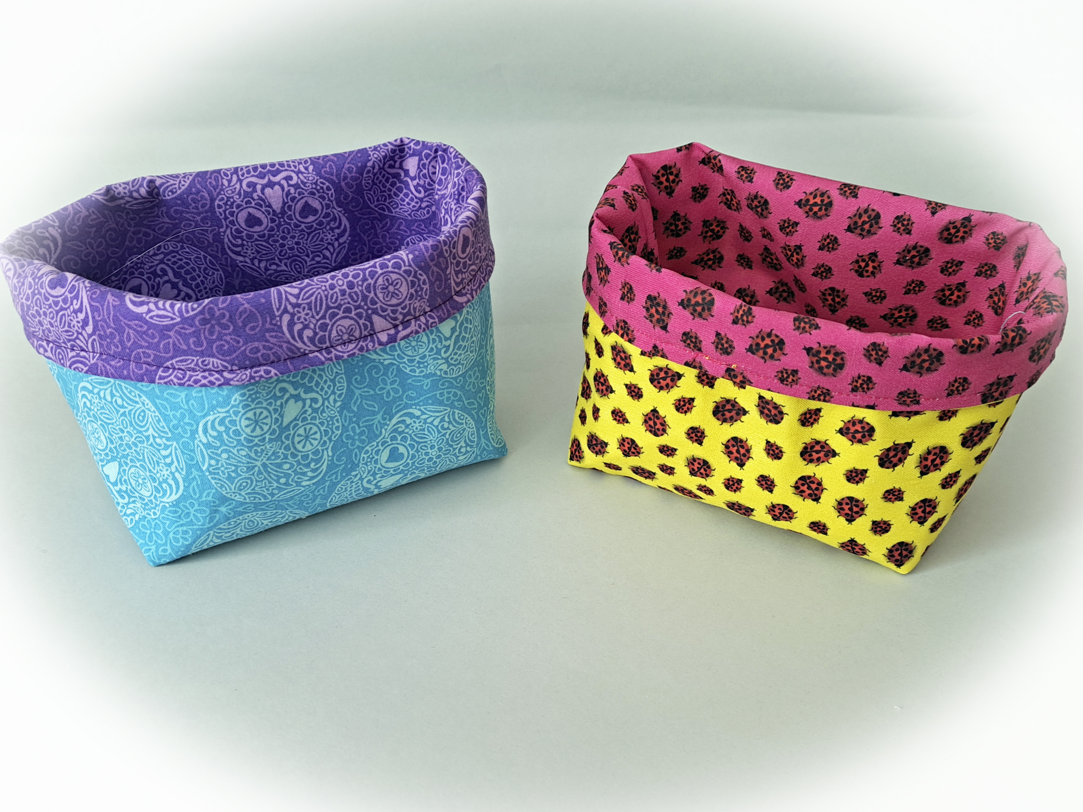 Handmade Reversible Fabric Storage or Gift Basket - Ladybug or Skull Fabric