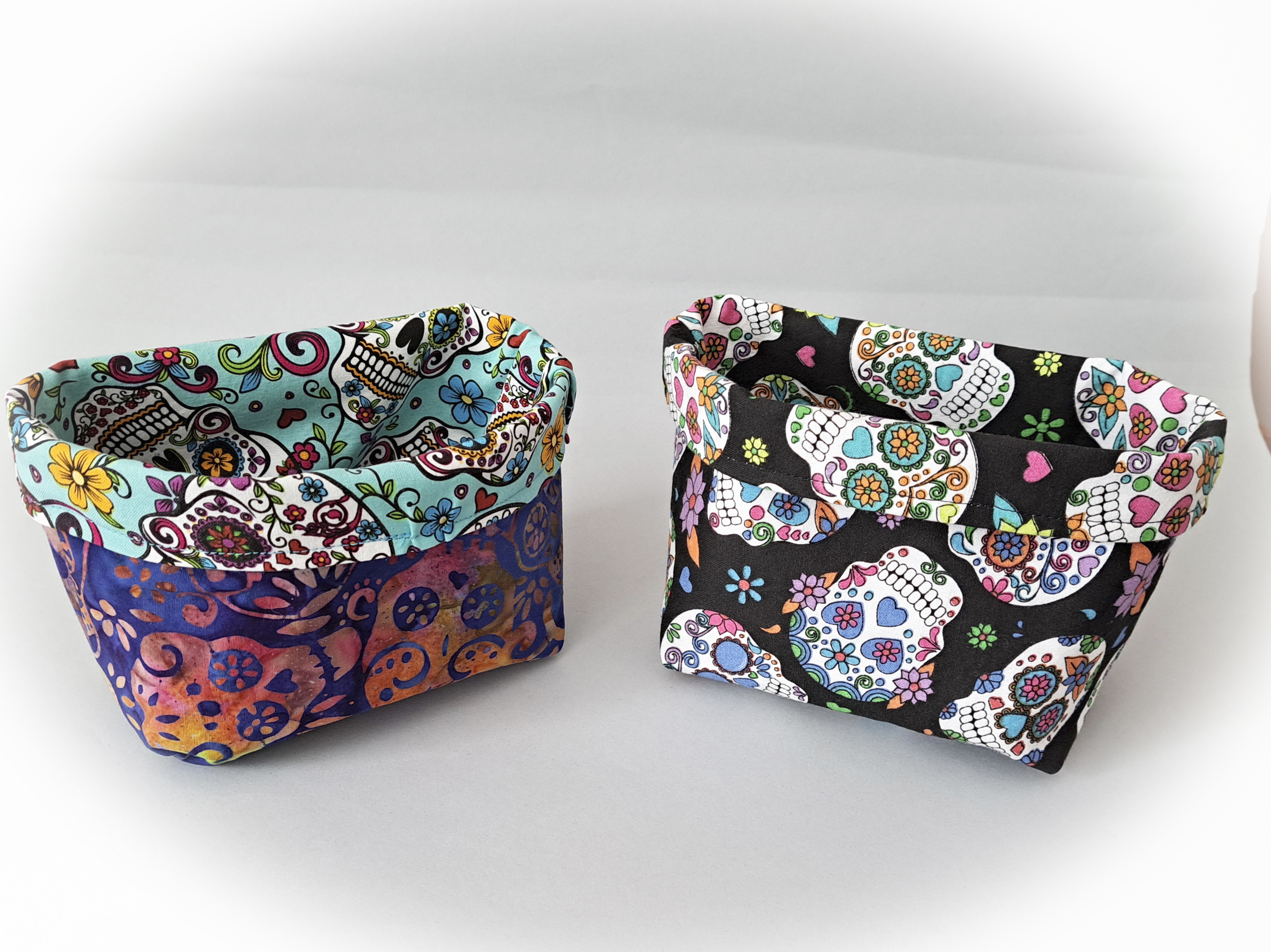 Handmade Reversible Fabric Storage or Gift Basket - Turquoise or Black or Skull Fabric