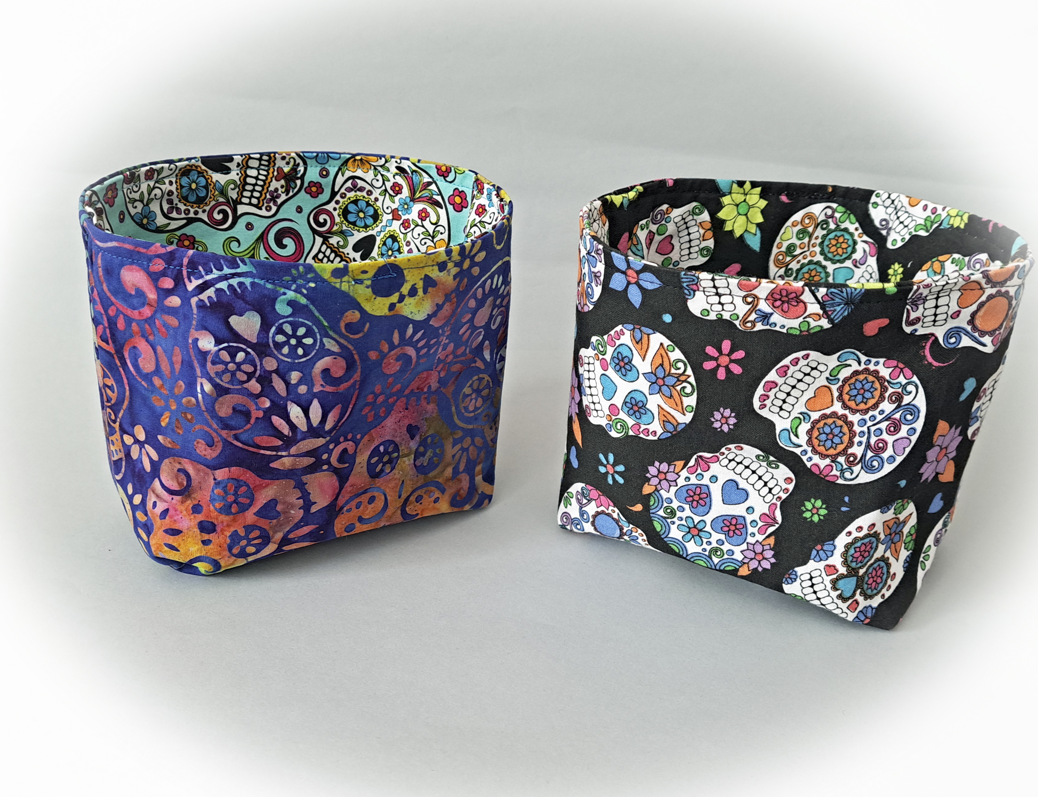 Handmade Reversible Fabric Storage or Gift Basket - Turquoise or Black or Skull Fabric