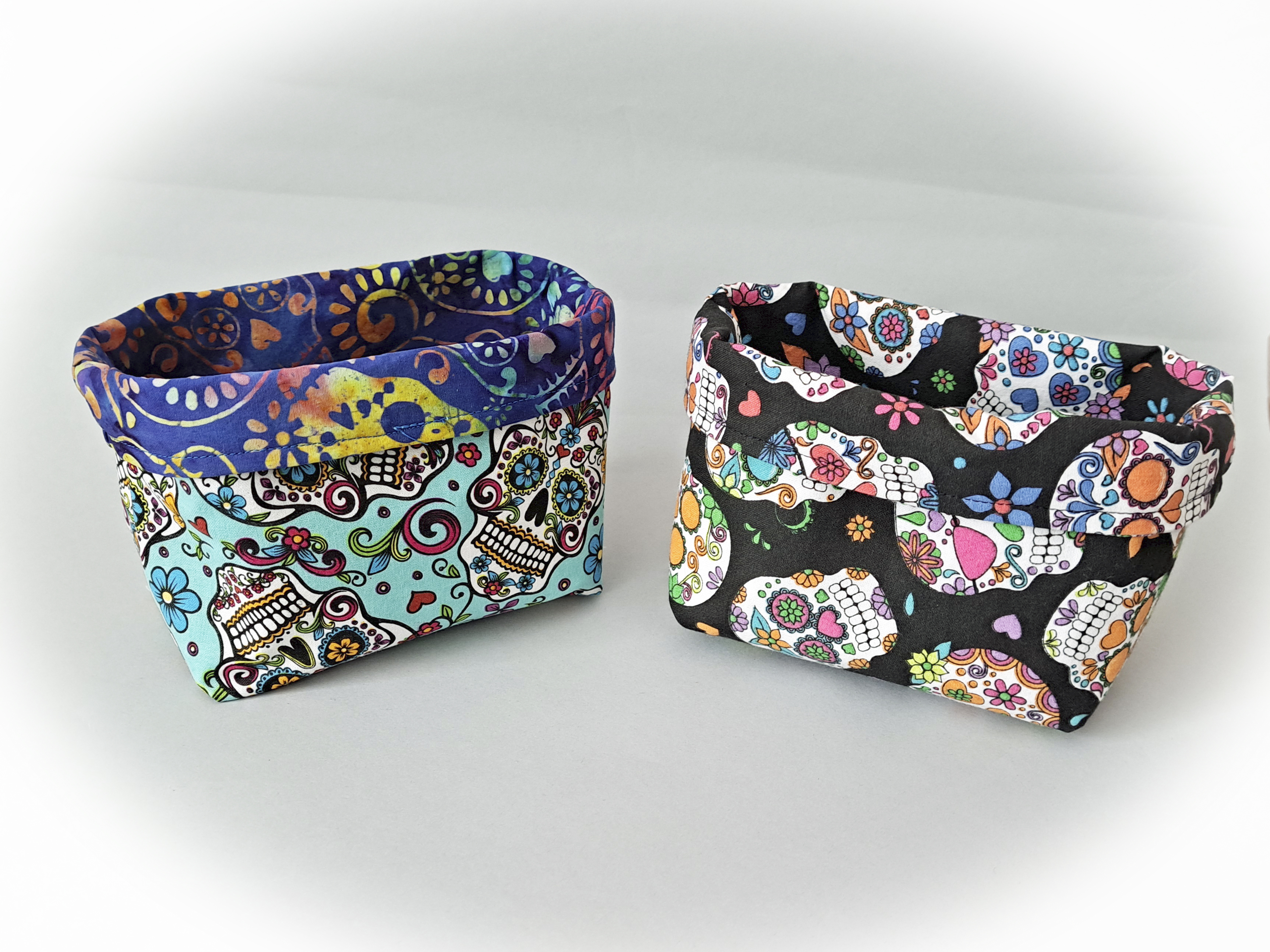Handmade Reversible Fabric Storage or Gift Basket - Turquoise or Black or Skull Fabric