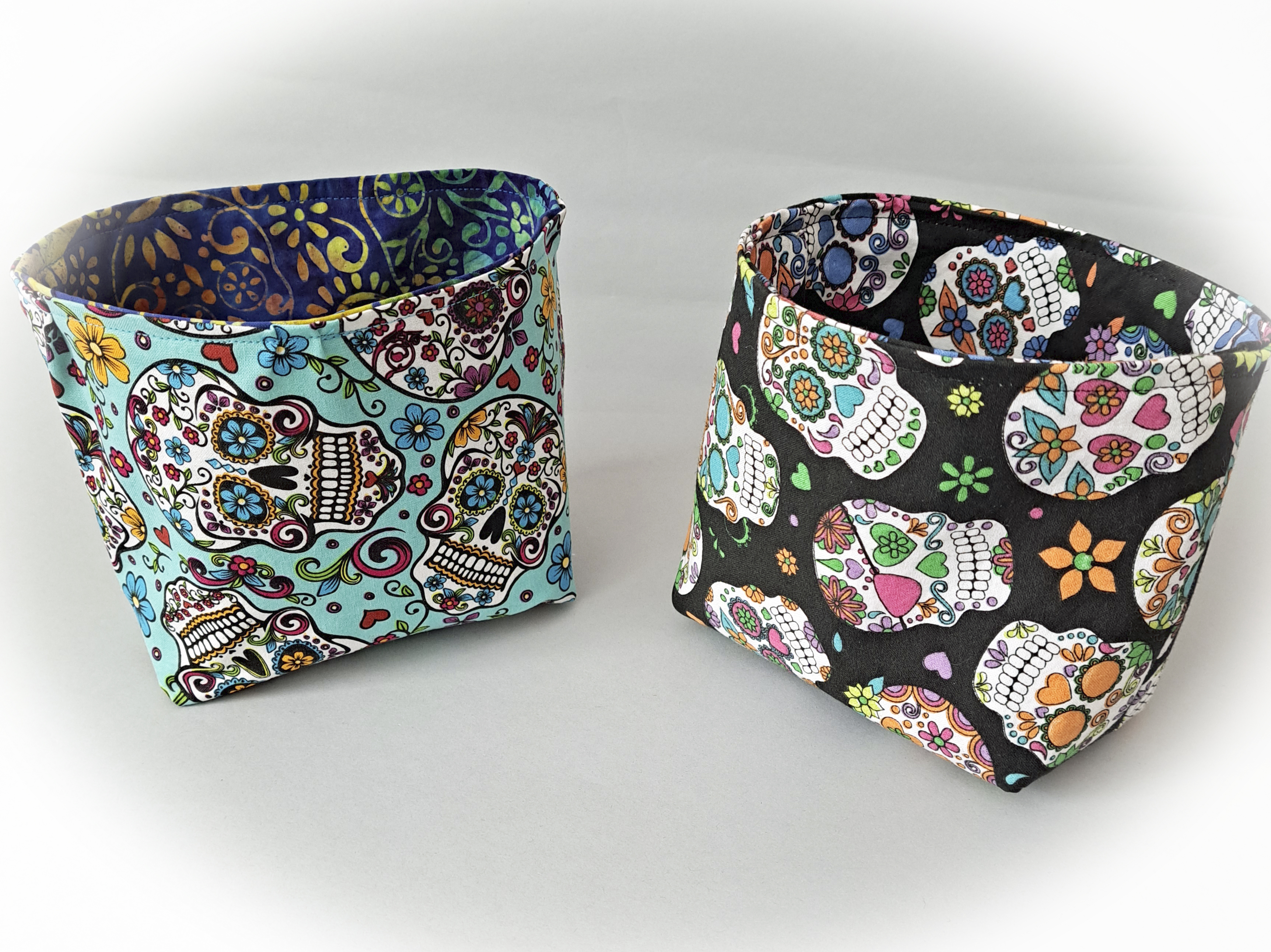 Handmade Reversible Fabric Storage or Gift Basket - Turquoise or Black or Skull Fabric
