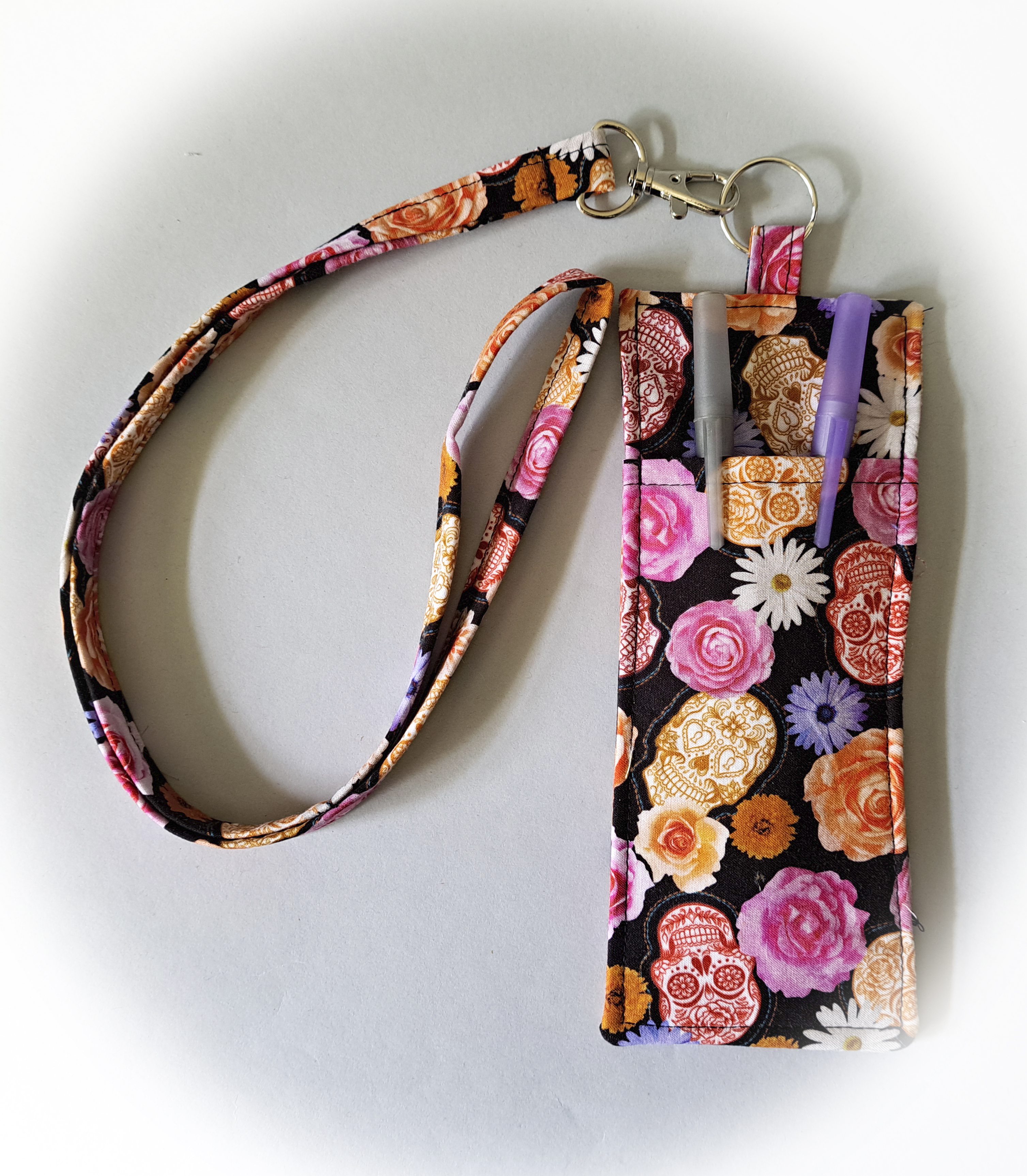 Floral and Skull Eyeglass and Pen Holder with Matching Lanyard
