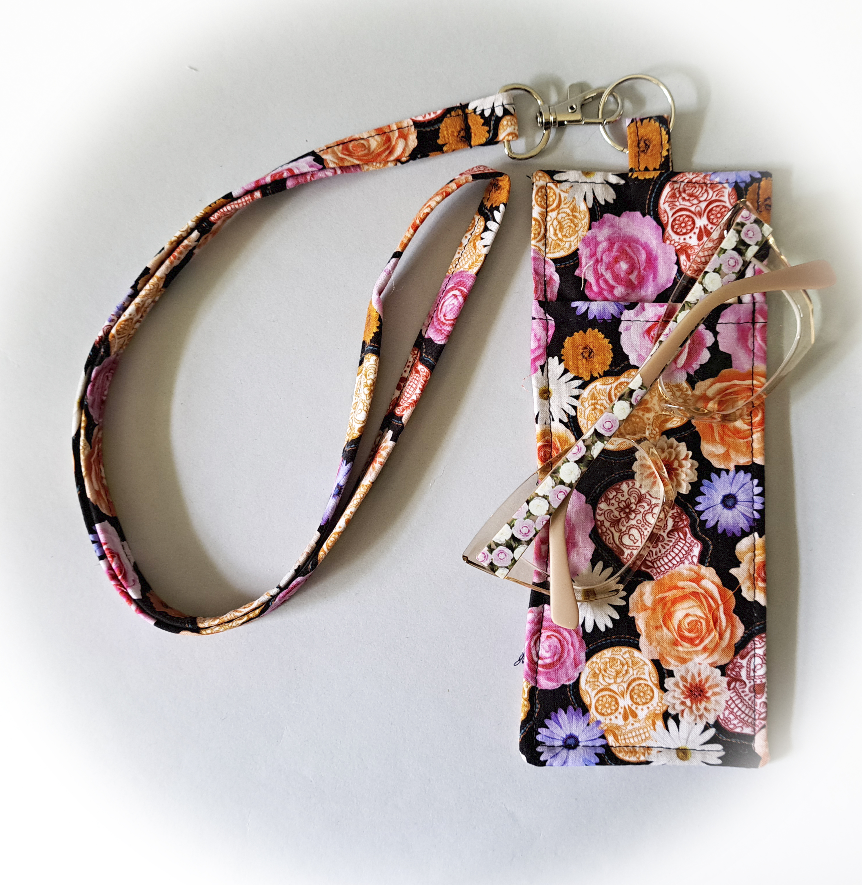 Floral and Skull Eyeglass and Pen Holder with Matching Lanyard