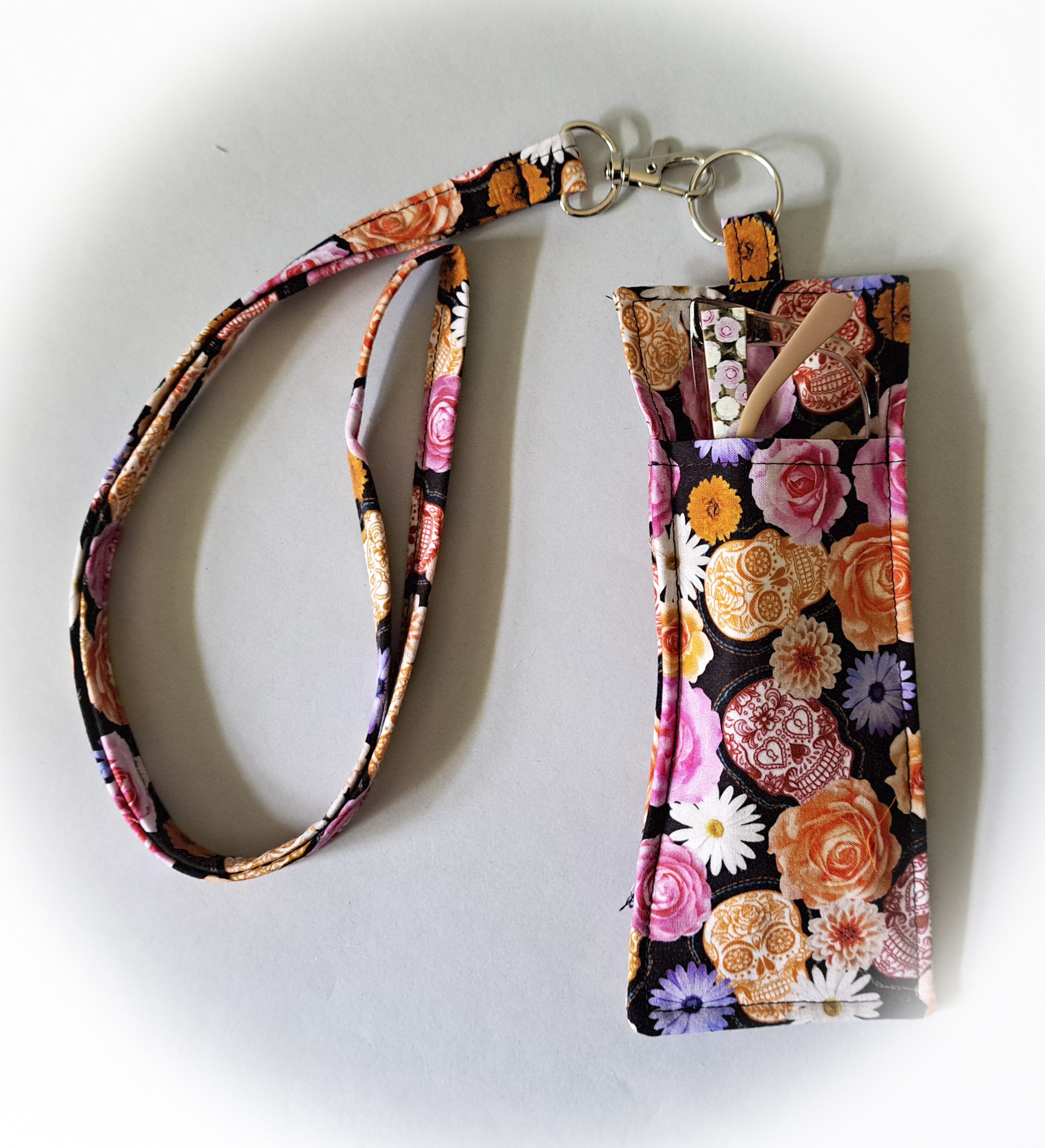 Floral and Skull Eyeglass and Pen Holder with Matching Lanyard