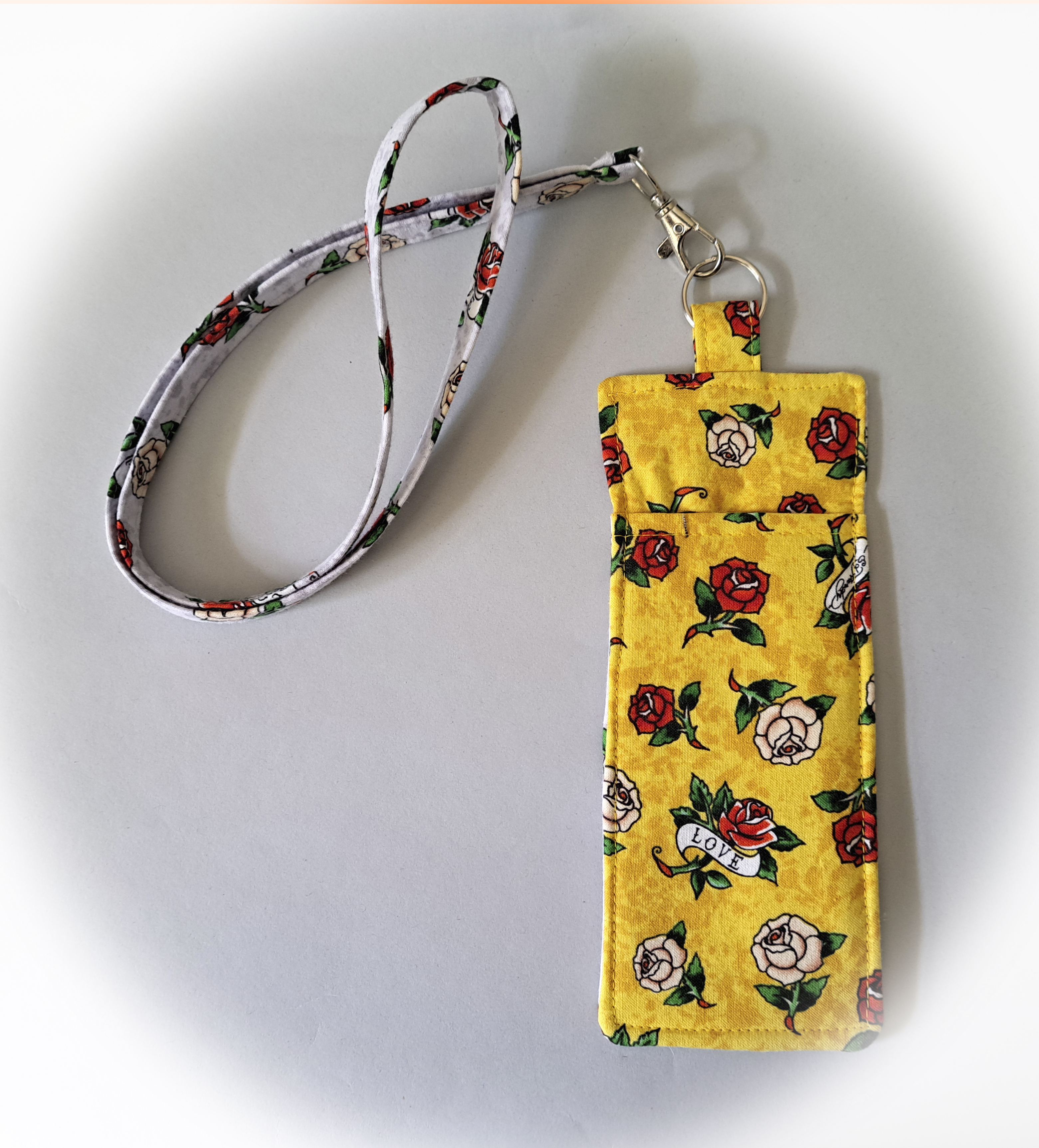 Gray and Yellow Flower Love Print Eyeglass and Pen Holder with Matching Lanyard
