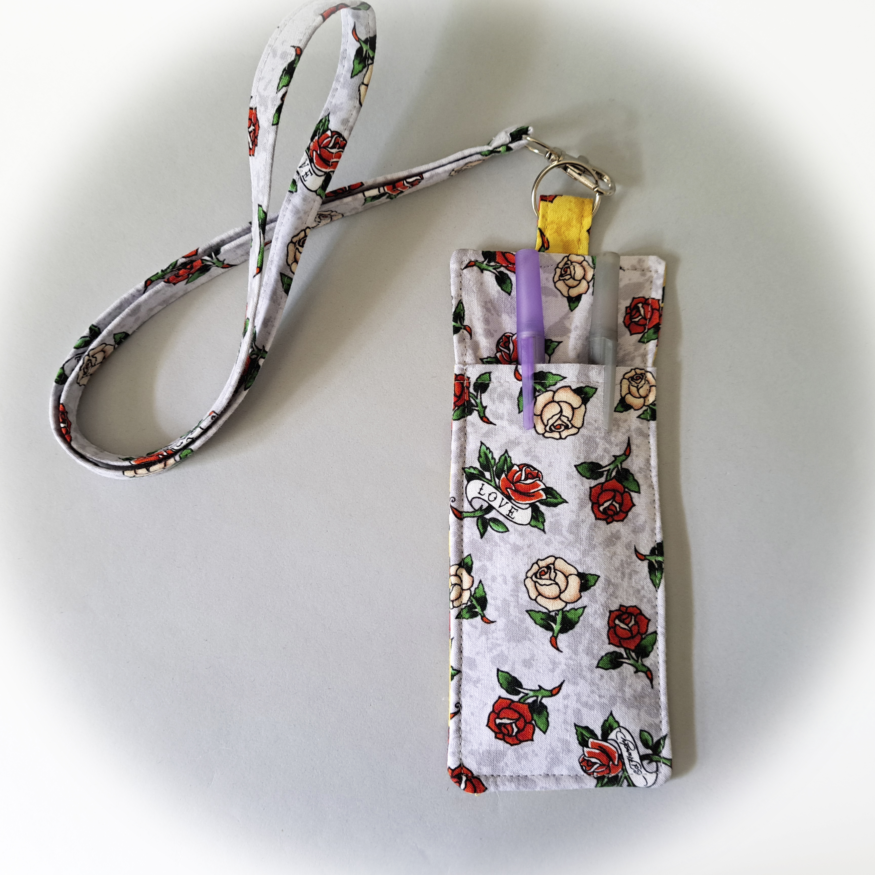 Gray and Yellow Flower Love Print Eyeglass and Pen Holder with Matching Lanyard