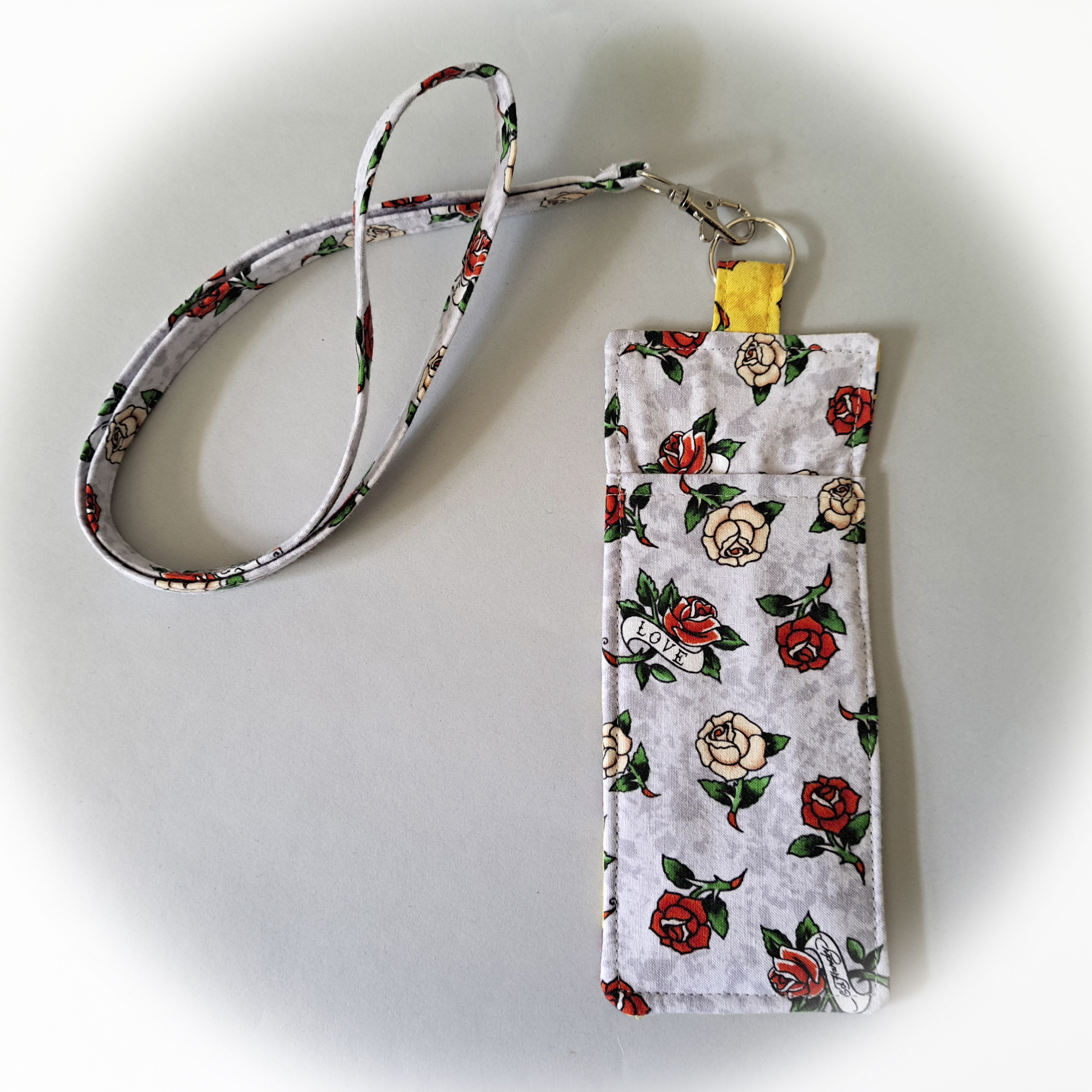 Gray and Yellow Flower Love Print Eyeglass and Pen Holder with Matching Lanyard