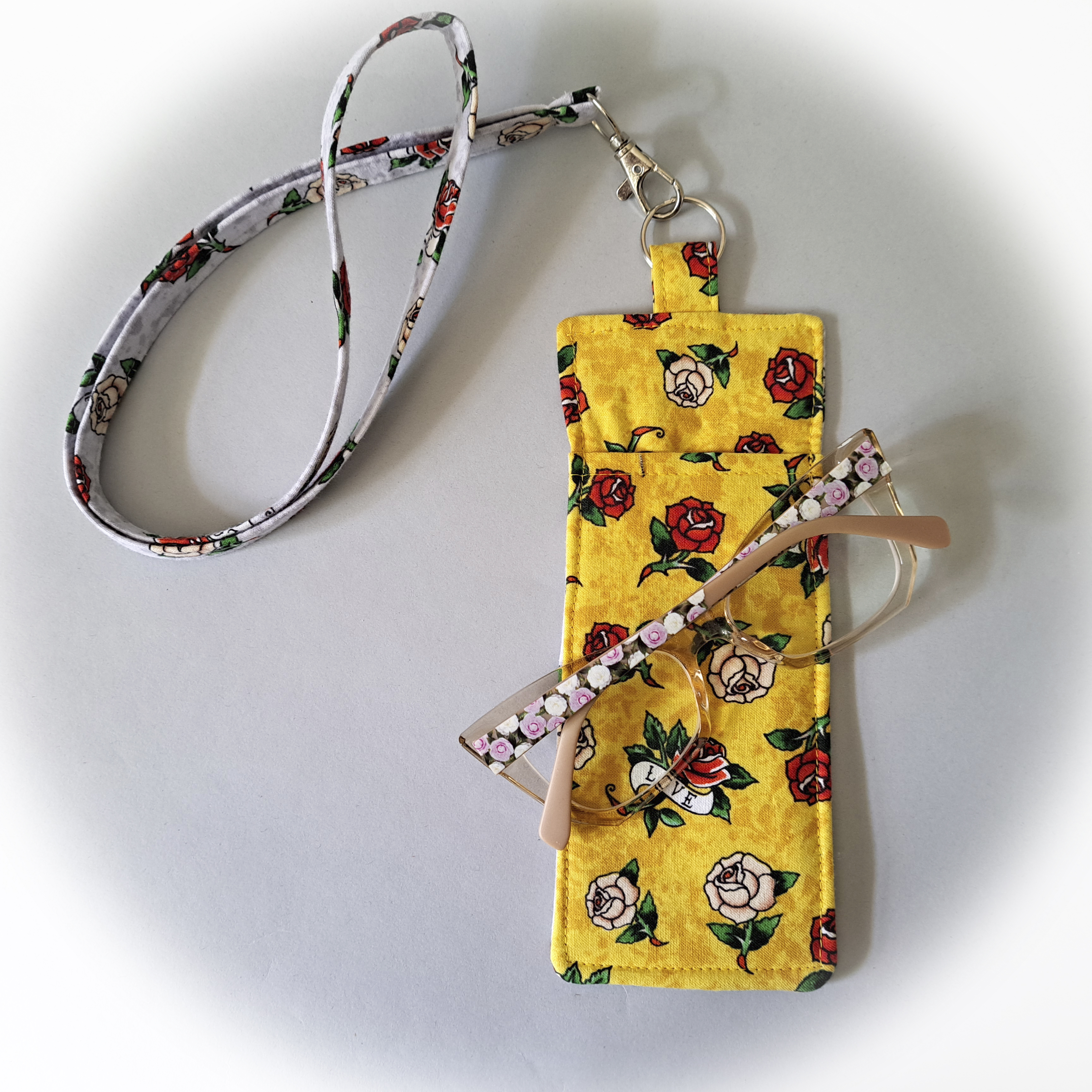 Gray and Yellow Flower Love Print Eyeglass and Pen Holder with Matching Lanyard