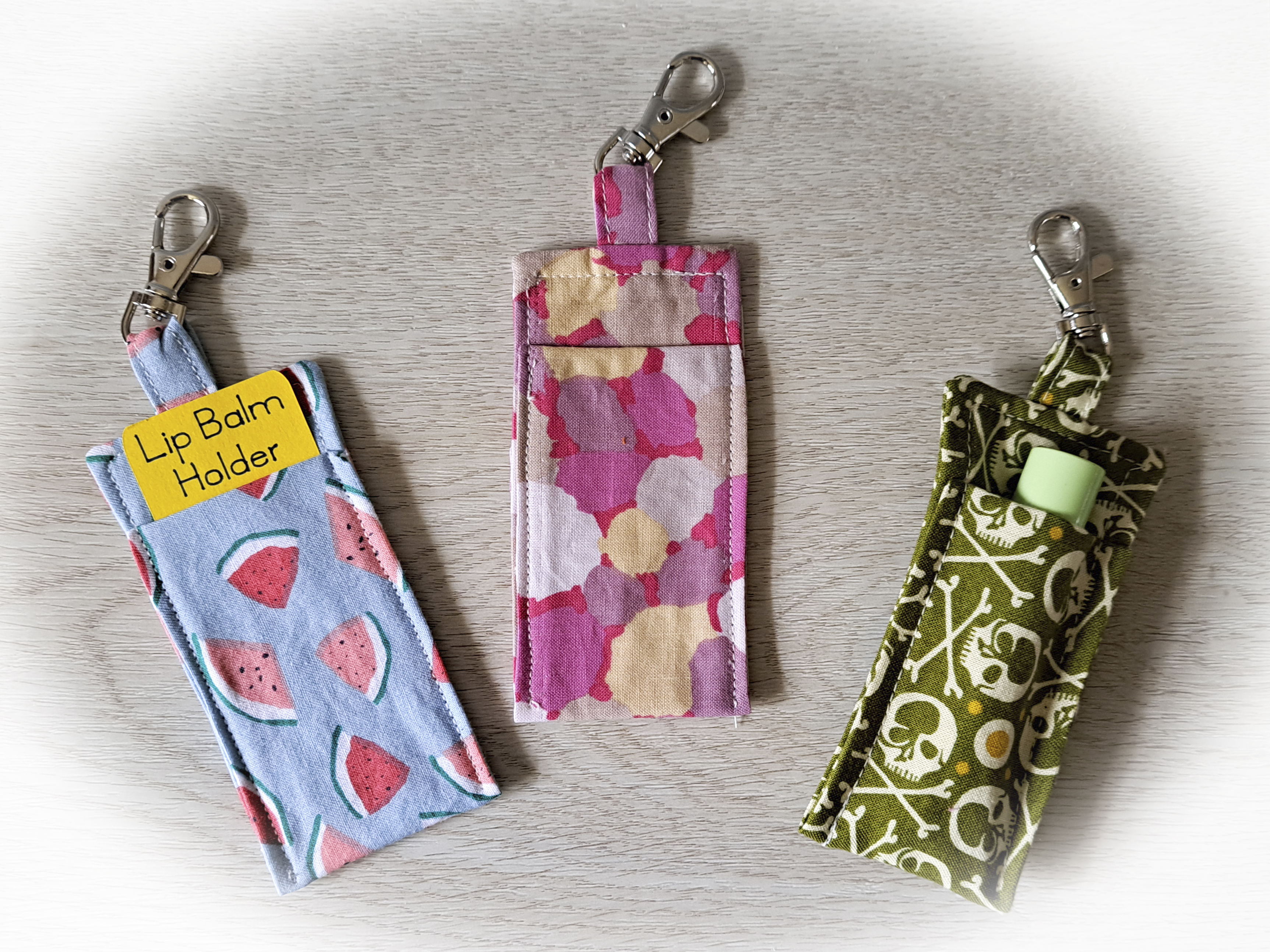 Handmade Fabric Lip Balm Holder with Rotating Clasp - Watermelon, Pink Flowers or Green Skulls - Single or Set of 3
