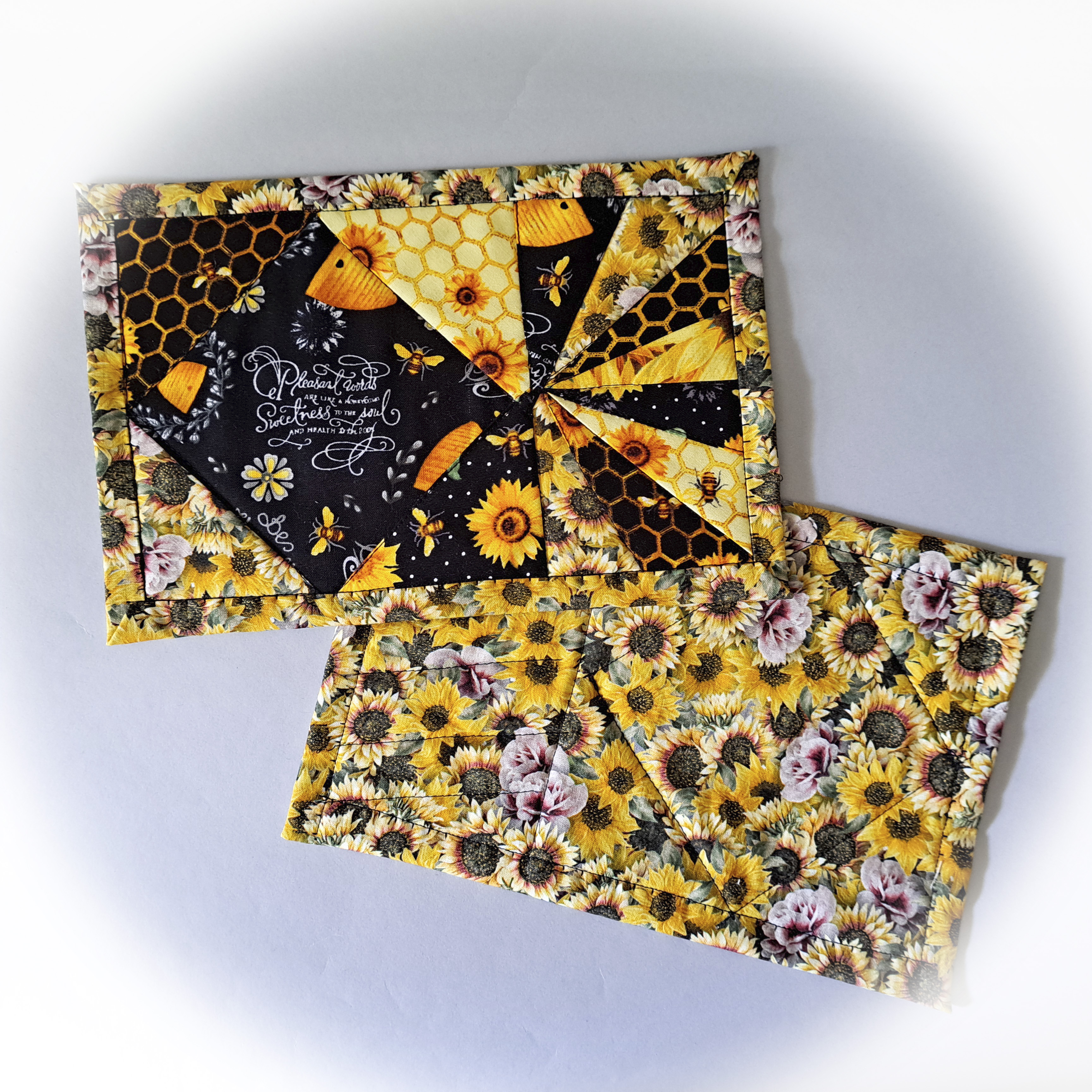 Handmade Fabric Bees and Honeycomb Quilted Mug Rugs - Set of 2