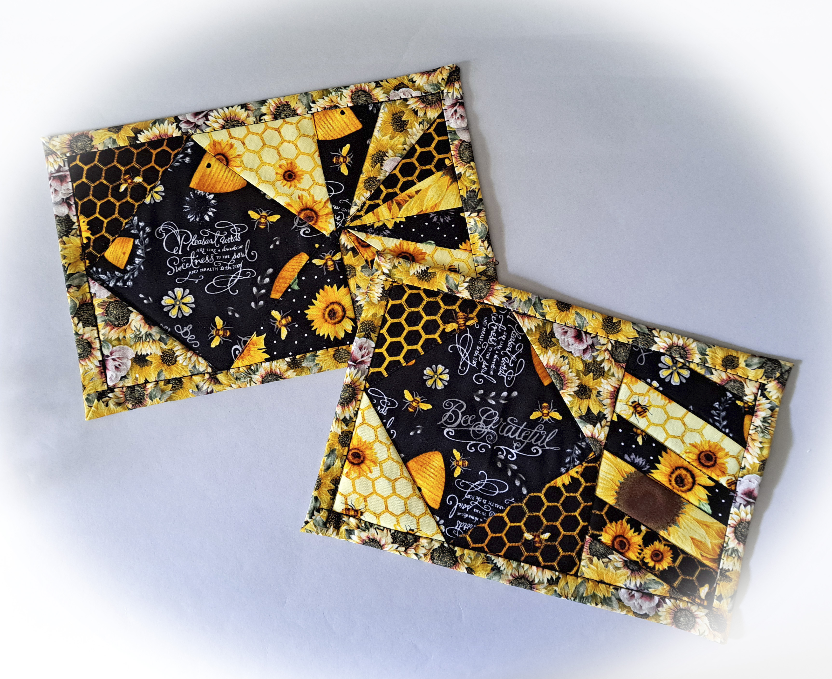 Handmade Fabric Bees and Honeycomb Quilted Mug Rugs - Set of 2