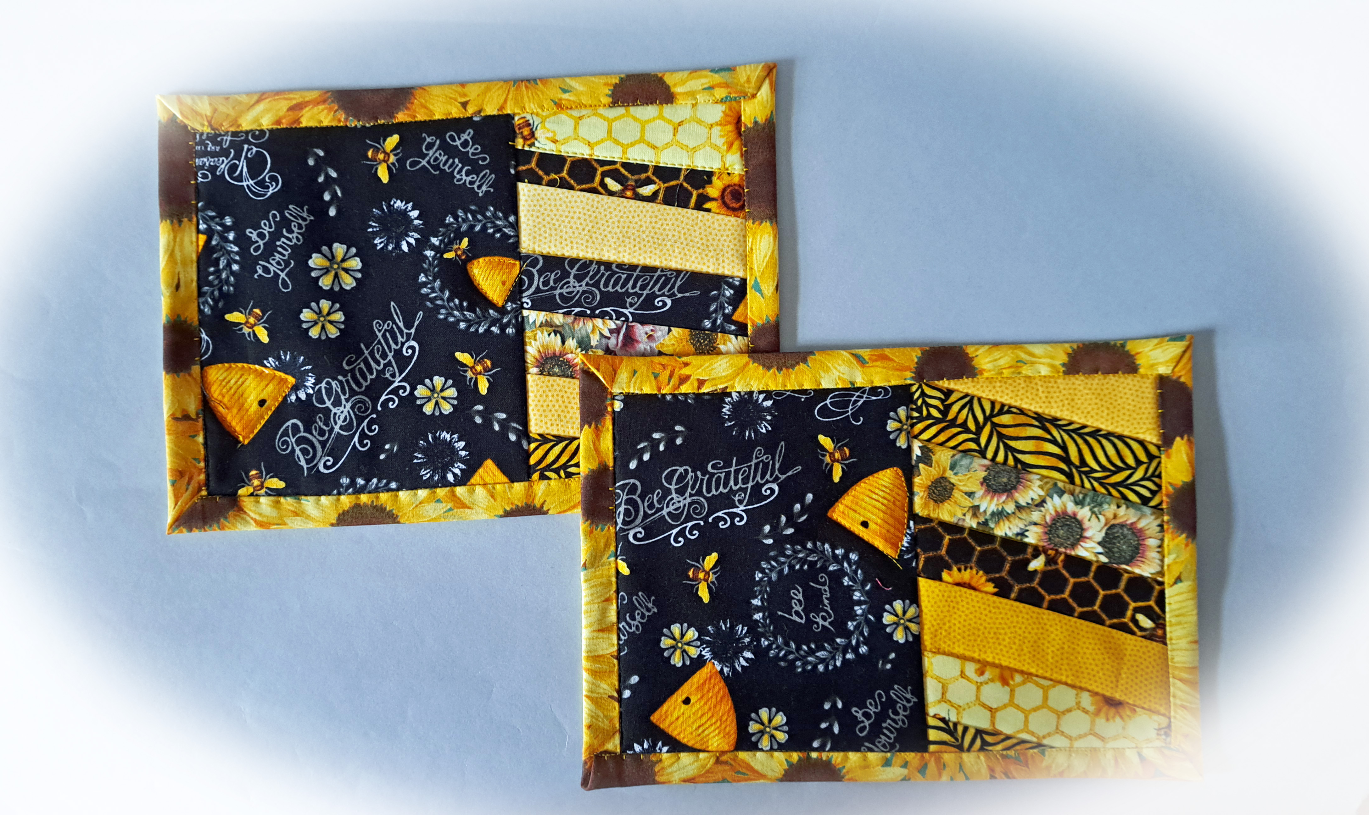 Handmade Fabric Bees and Honeycomb Quilted Mug Rugs - Set of 2