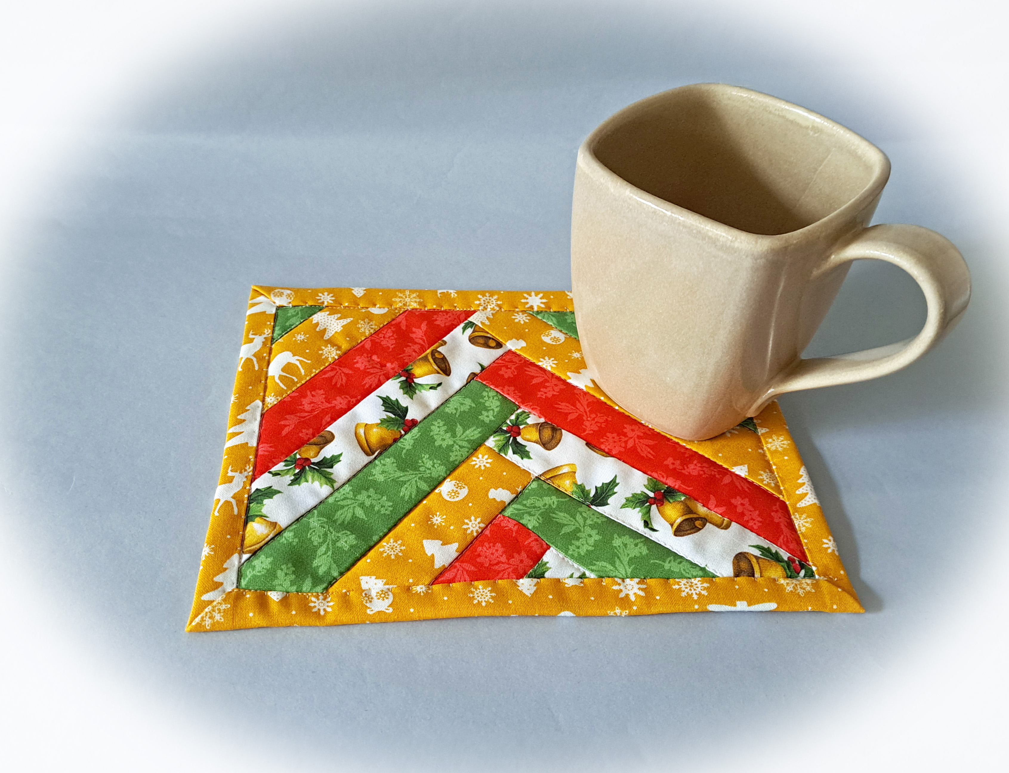 Handmade Fabric Quilted Holiday Mug Rugs - Red, Green and Gold Braid Design - Set of 2