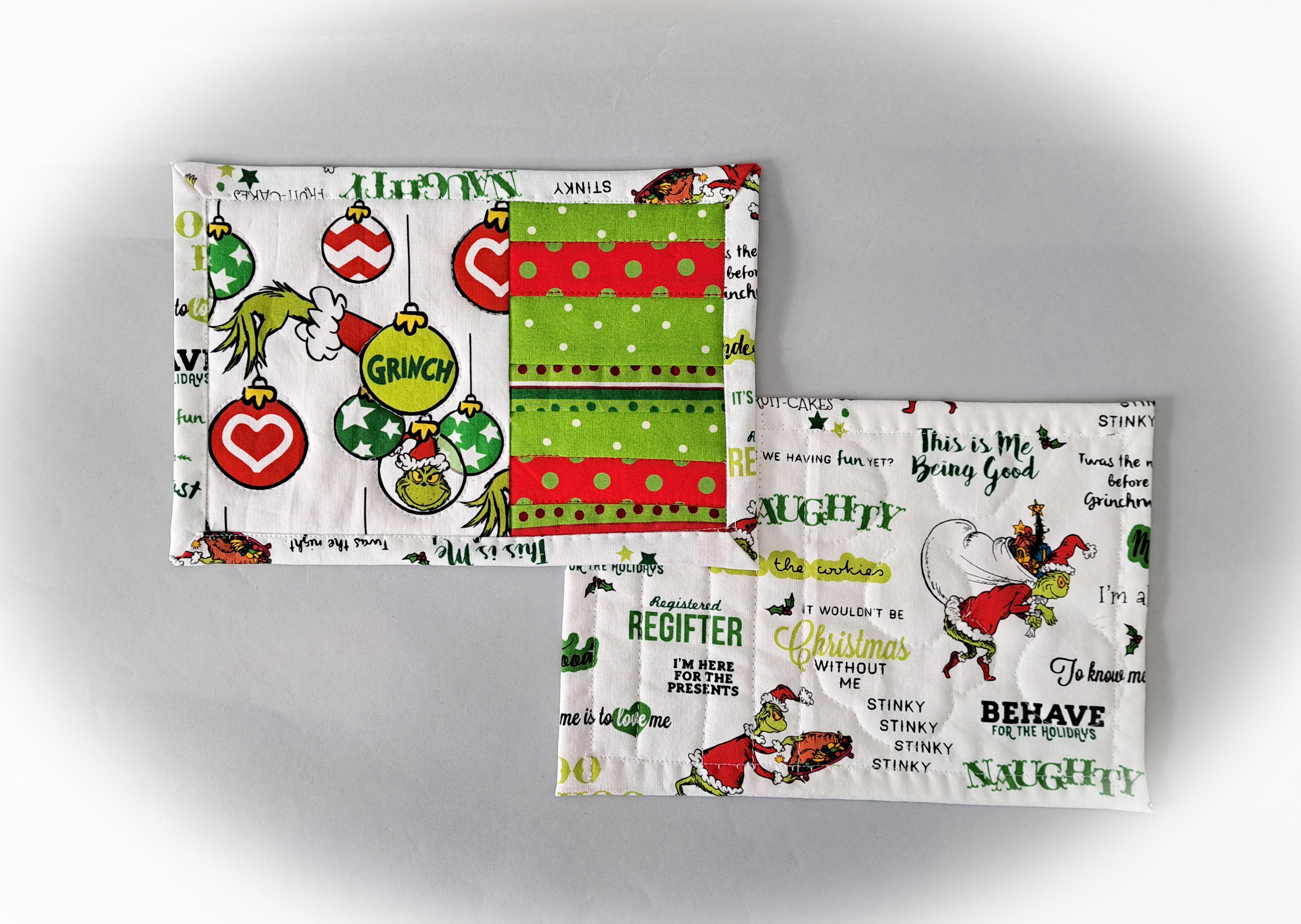 Handmade Grinch Quilted Fabric Mug Rug - Set of 2