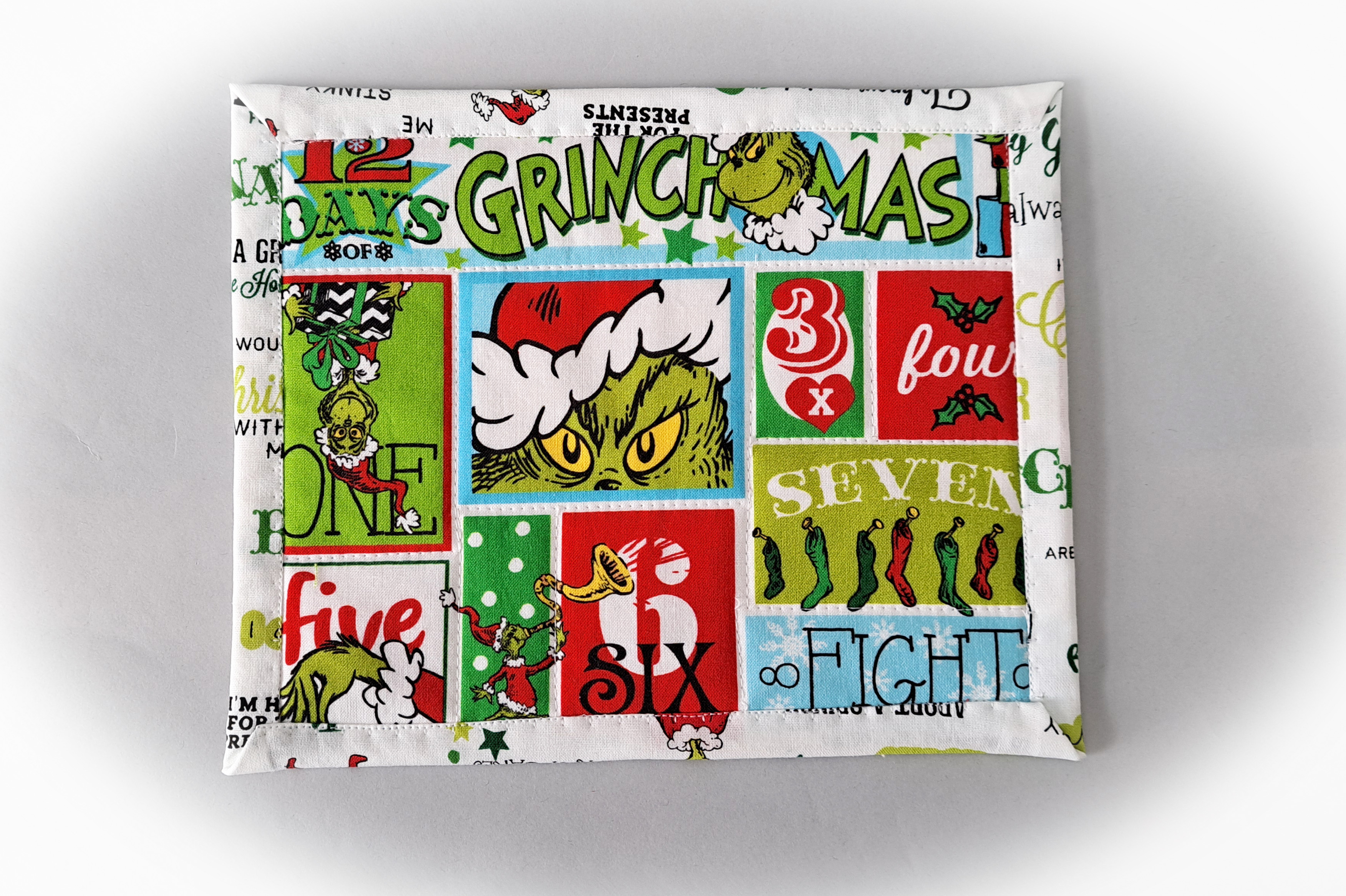 Handmade 12 Days of Grinchmas Quilted Fabric Mug Rug - Set of 2