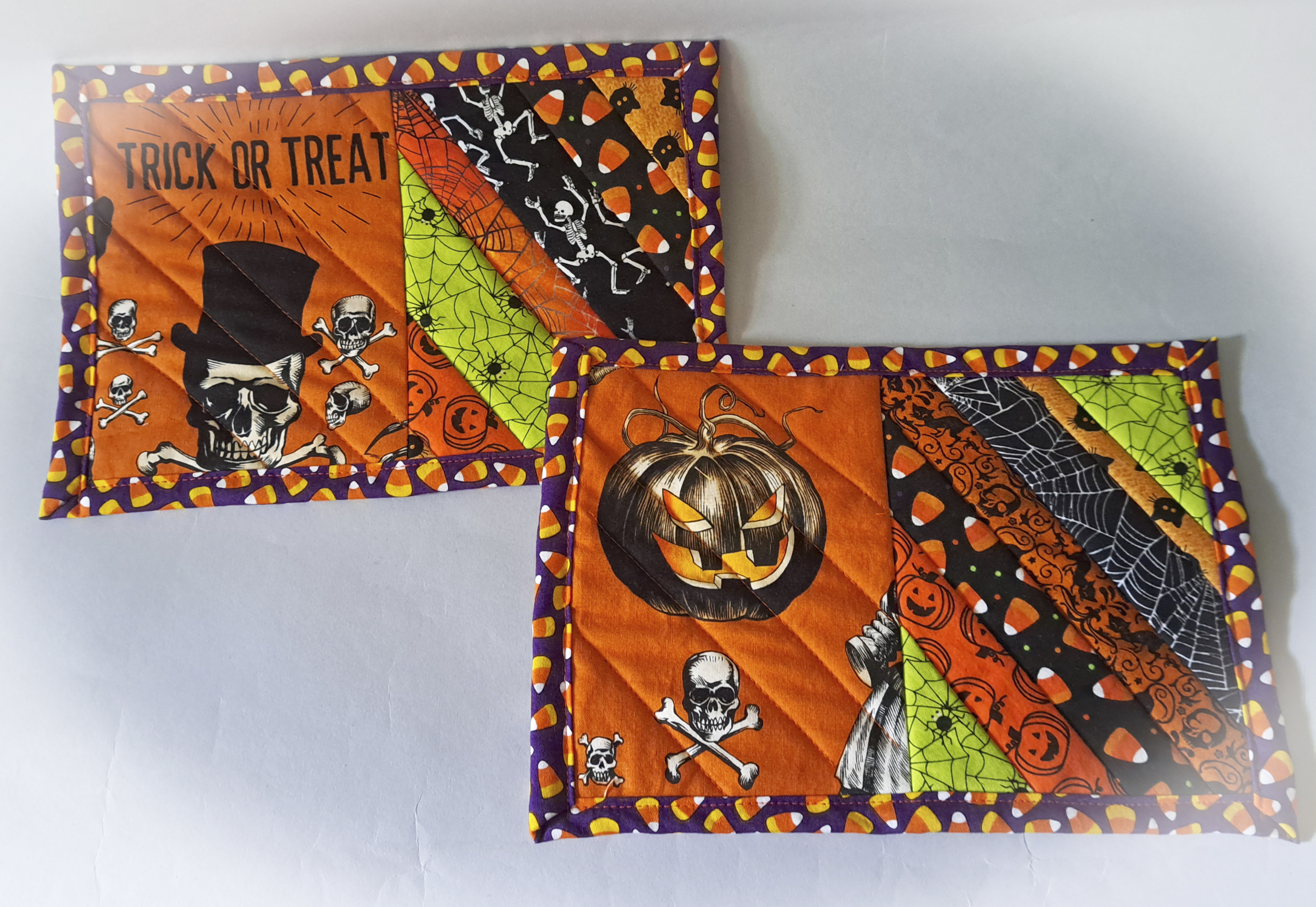 Handmade Spooky Pumpkin and Skull Mug Rug - Set of 2