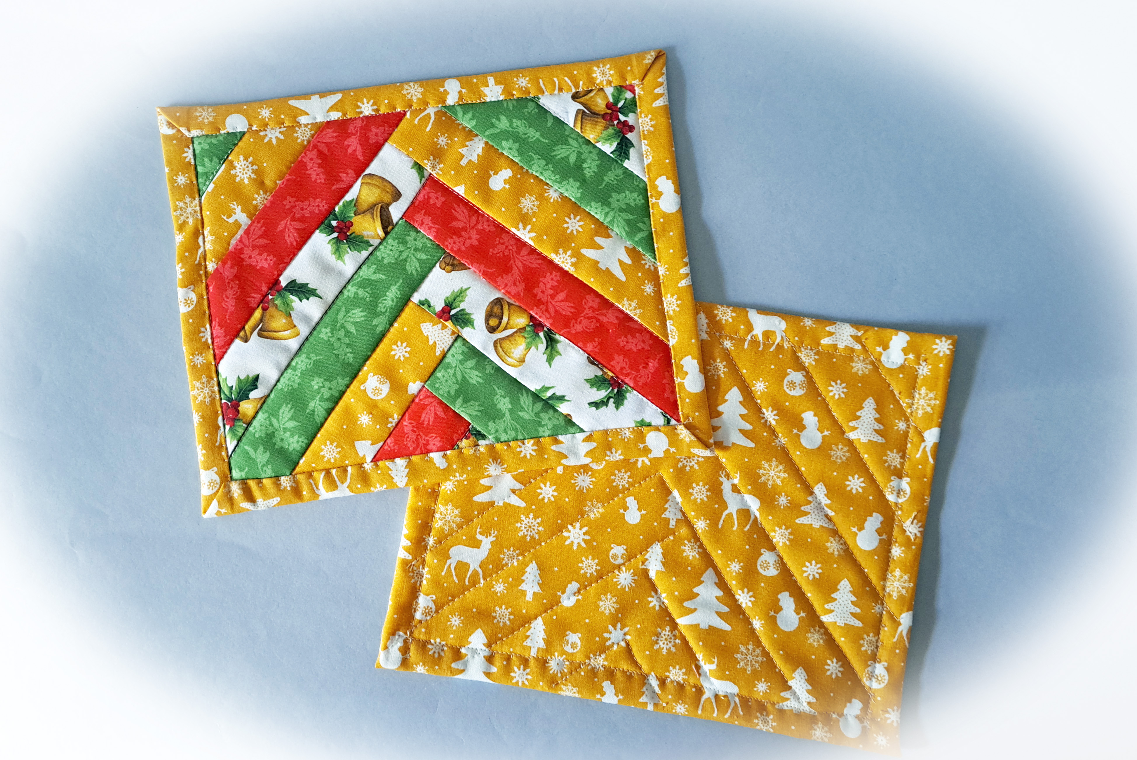 Handmade Fabric Quilted Holiday Mug Rugs - Red, Green and Gold Braid Design - Set of 2