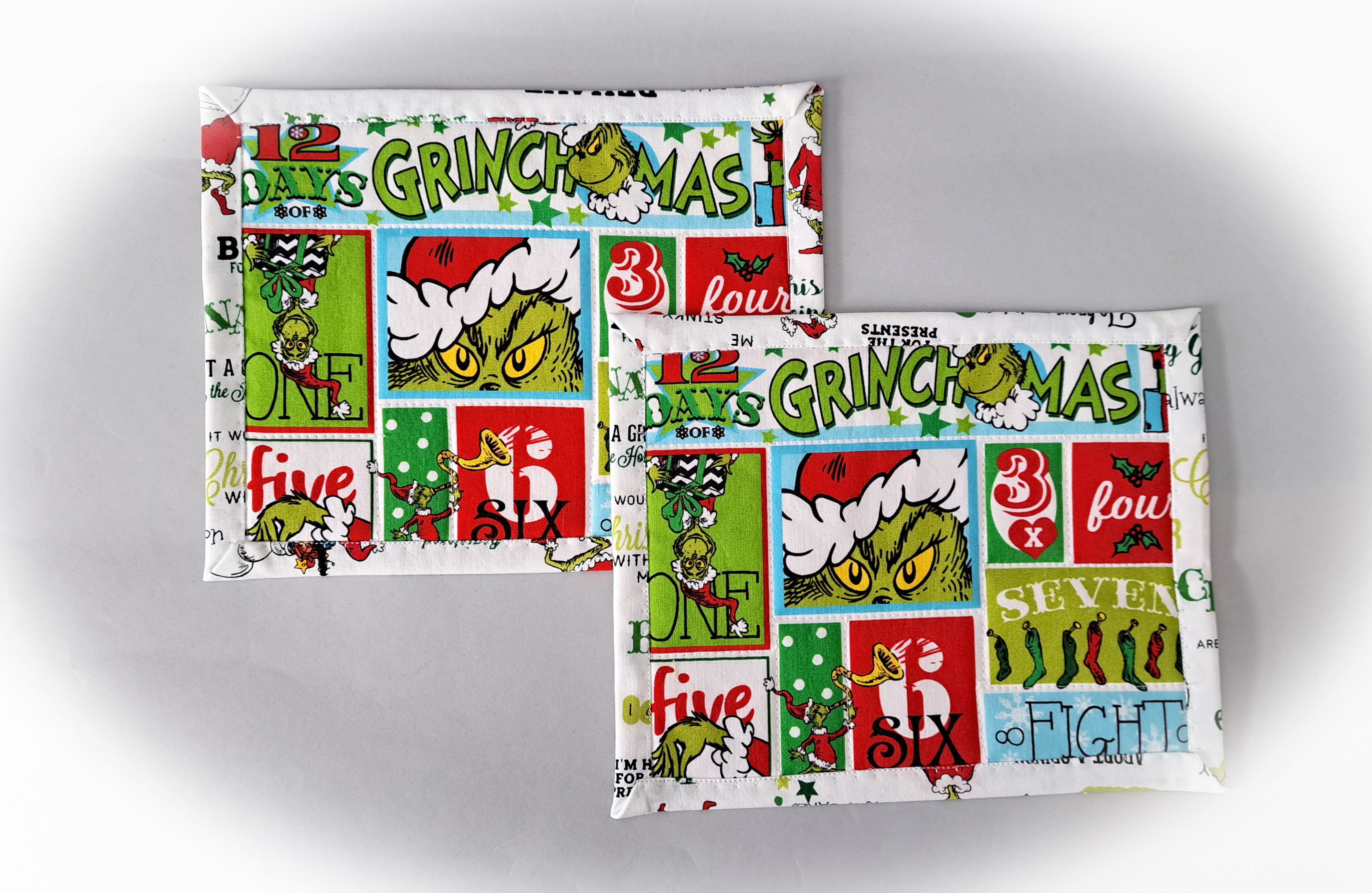 Handmade 12 Days of Grinchmas Quilted Fabric Mug Rug - Set of 2