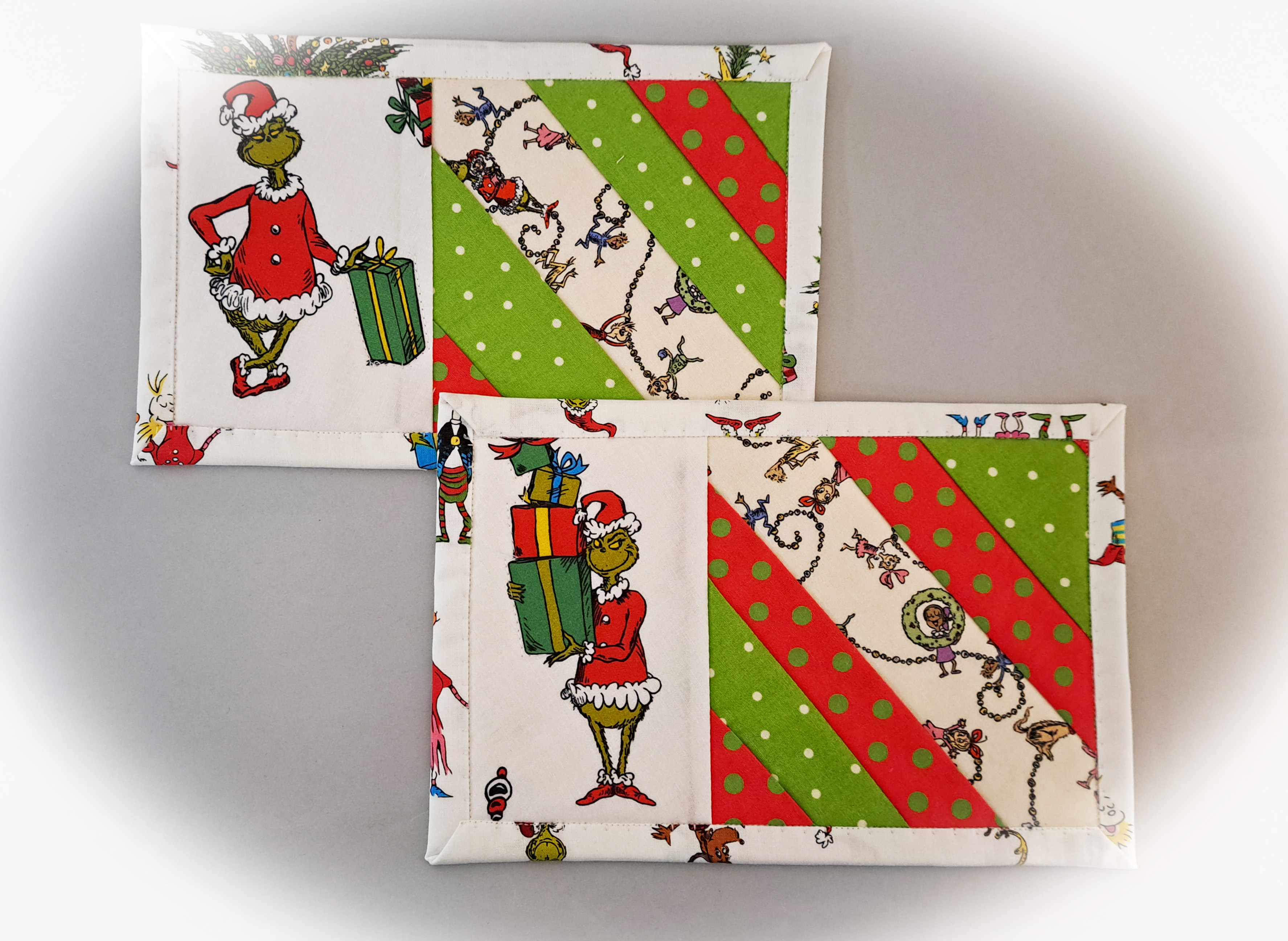 Handmade Grinch Quilted Fabric Mug Rug - Set of 2