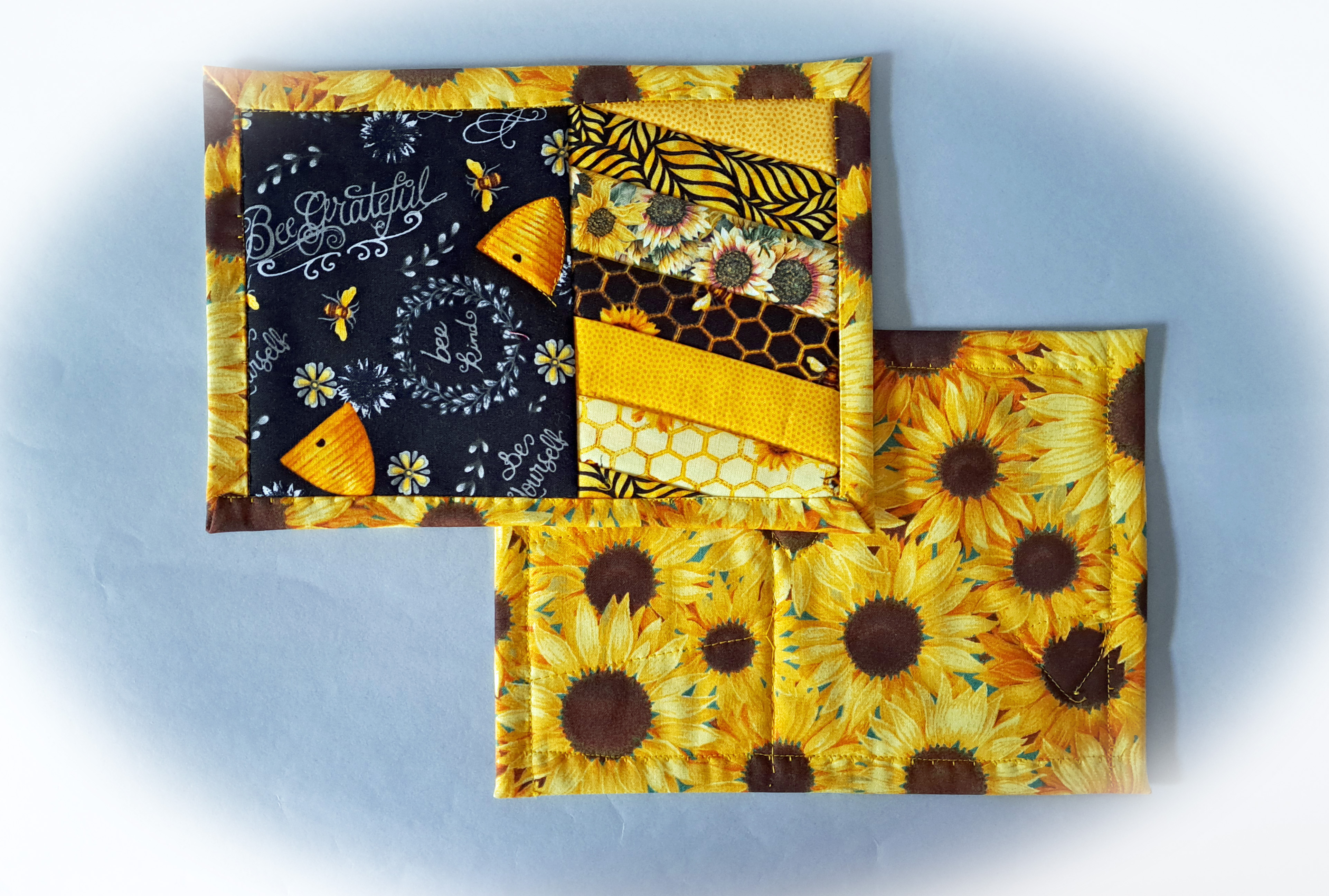 Handmade Fabric Bees and Honeycomb Quilted Mug Rugs - Set of 2