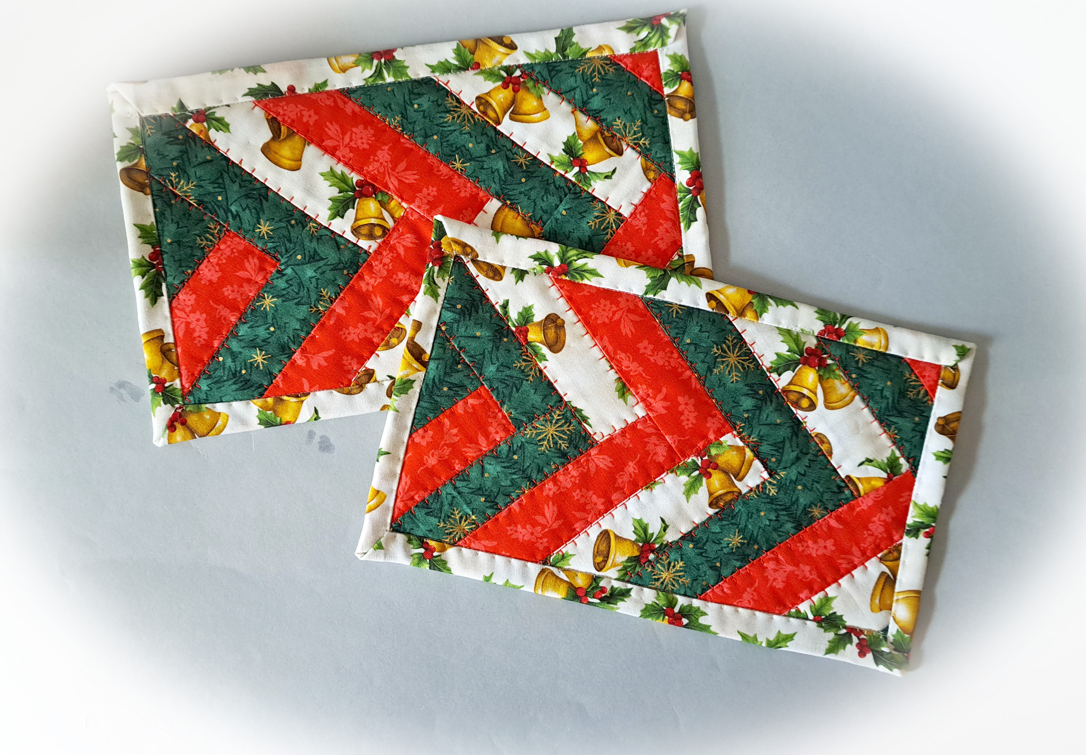 Handmade Fabric Quilted Holiday Mug Rugs - Red and Green Braid Design - Set of 2