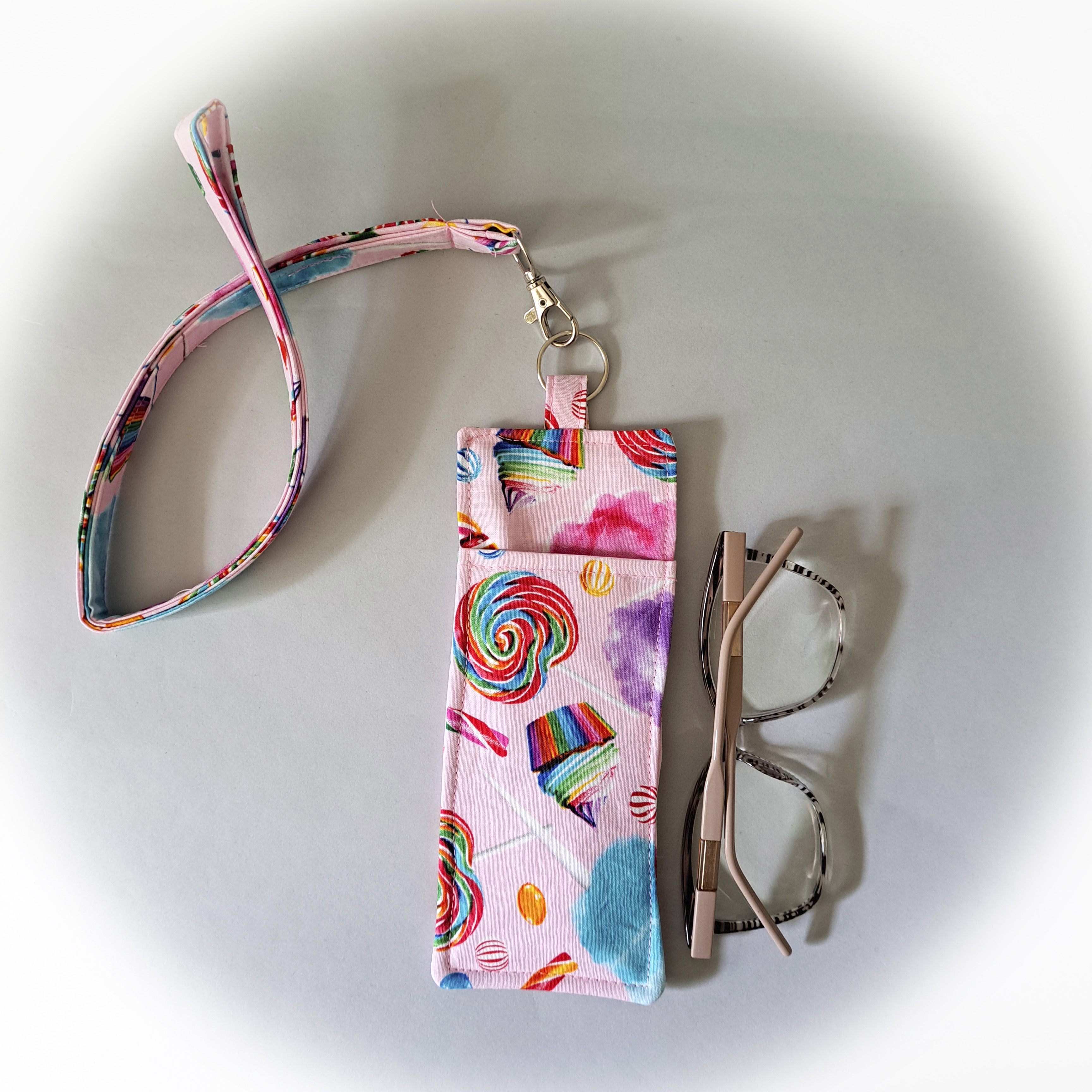 Pink Candy Themed Eyeglass and Pen Holder with Optional Lanyard