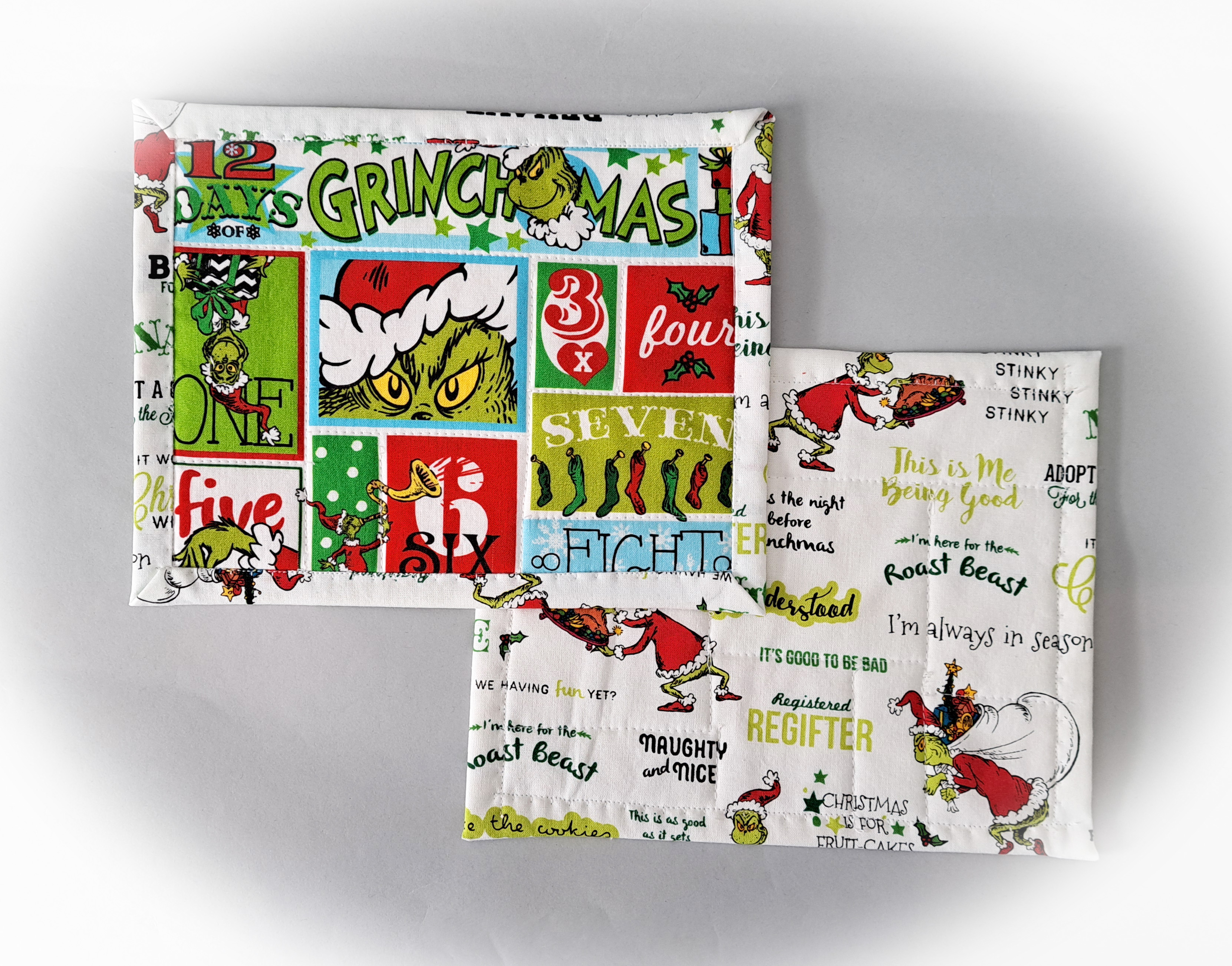 Handmade 12 Days of Grinchmas Quilted Fabric Mug Rug - Set of 2