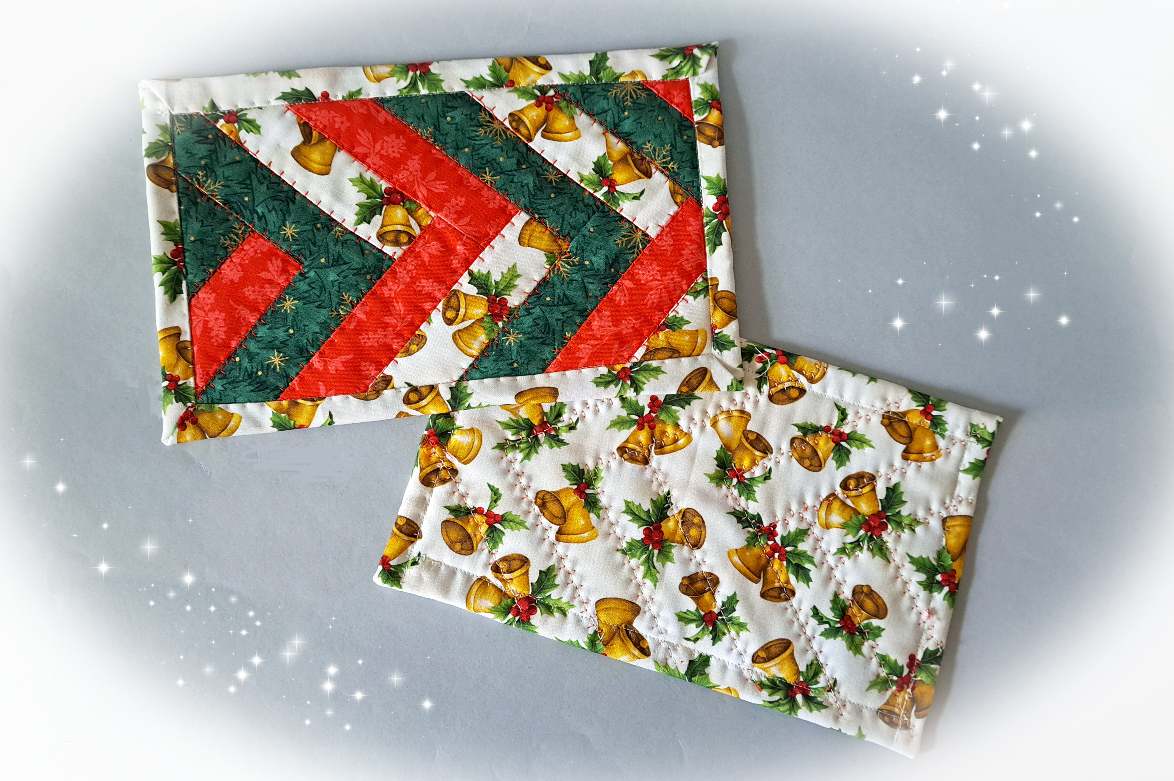 Handmade Fabric Quilted Holiday Mug Rugs - Red and Green Braid Design - Set of 2