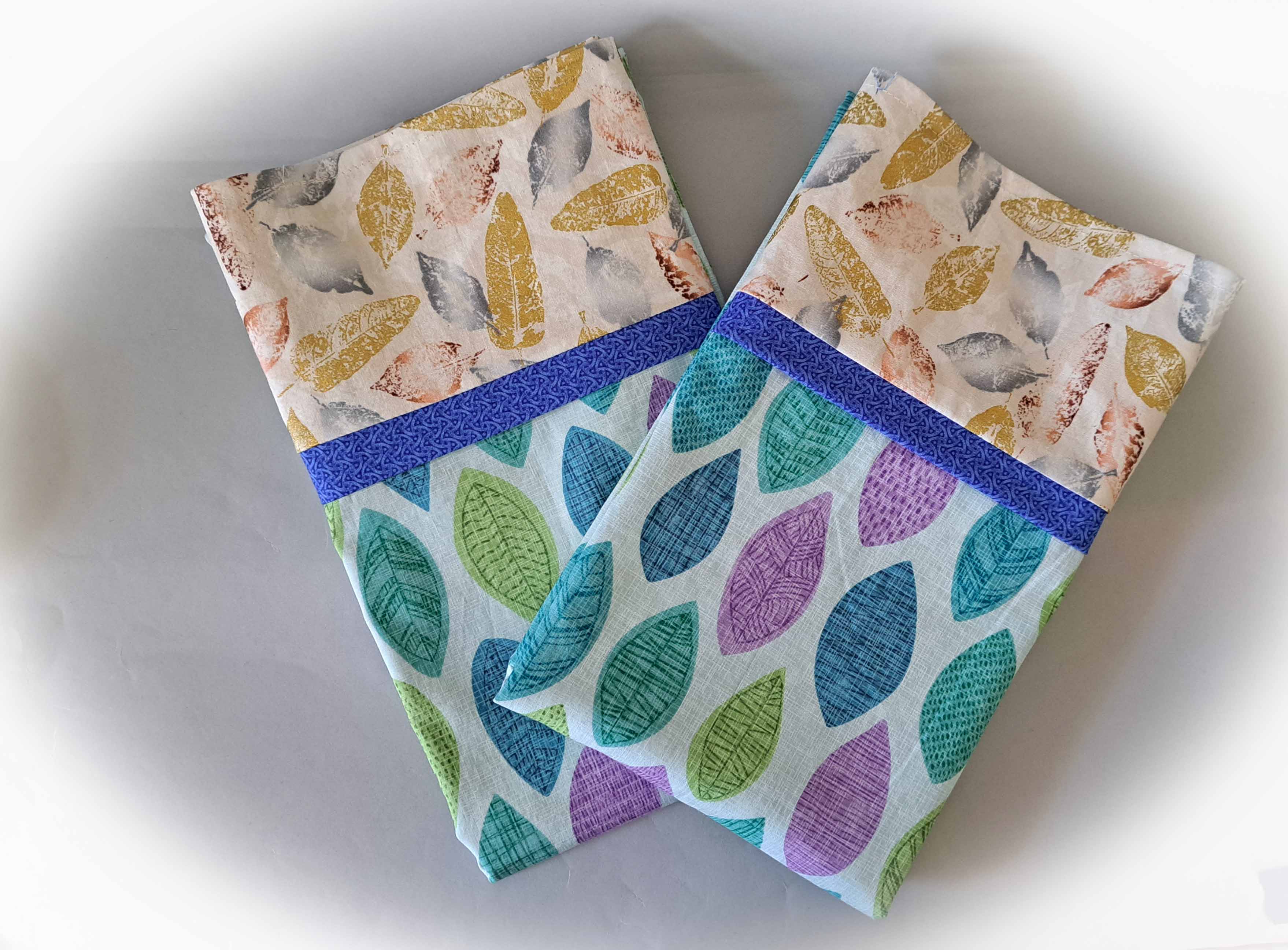 Handmade Cotton Pillowcases - Blue Feather Fabric - Set of 2