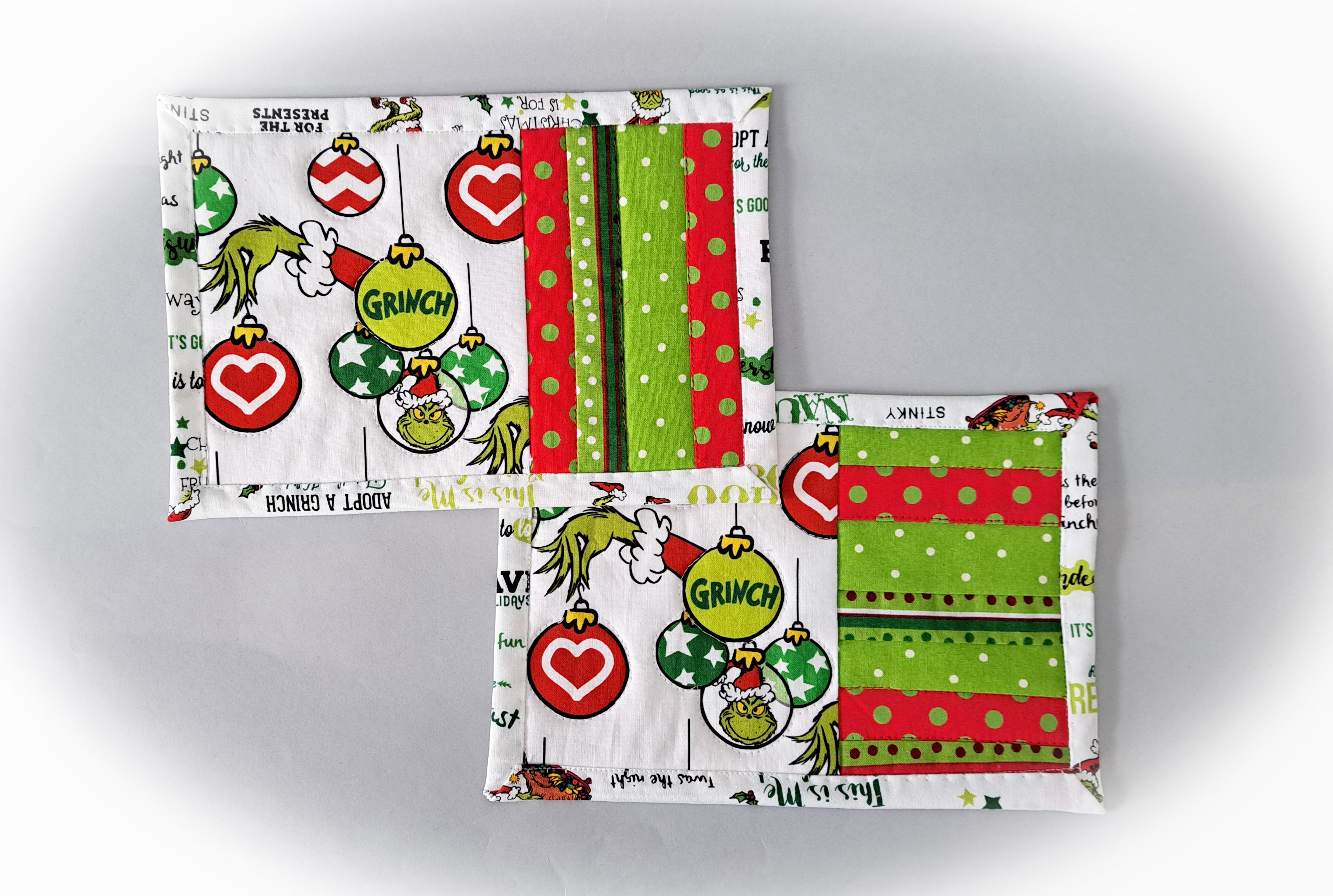 Handmade Grinch Quilted Fabric Mug Rug - Set of 2