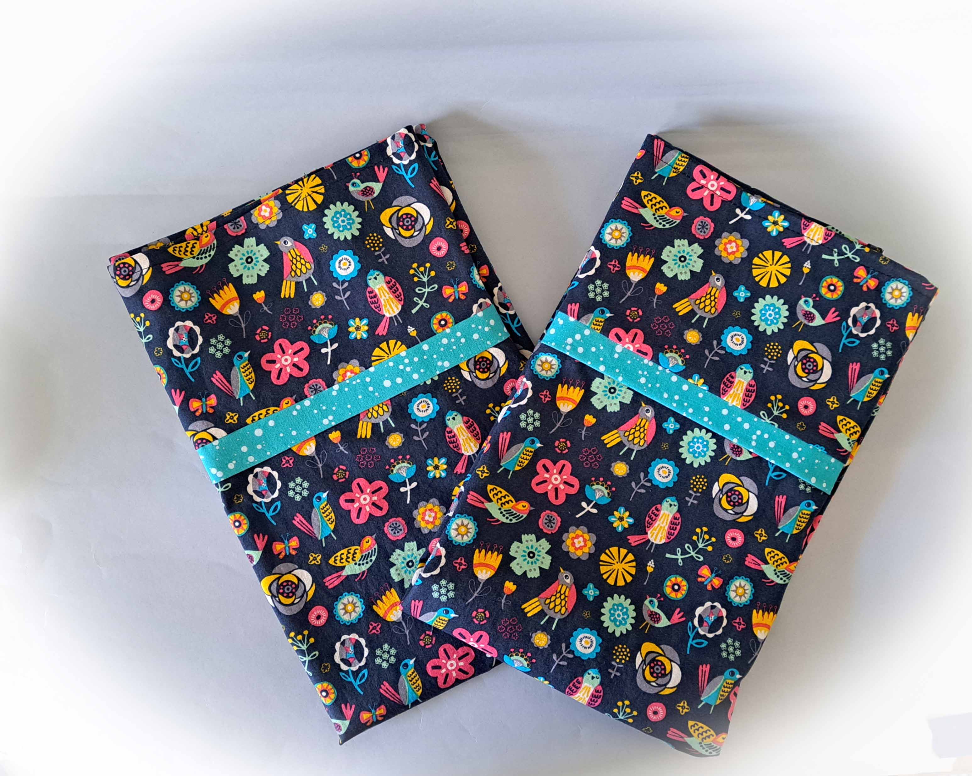 Handmade Cotton Pillowcases - Blue Birds and Flowers Fabric - Set of 2