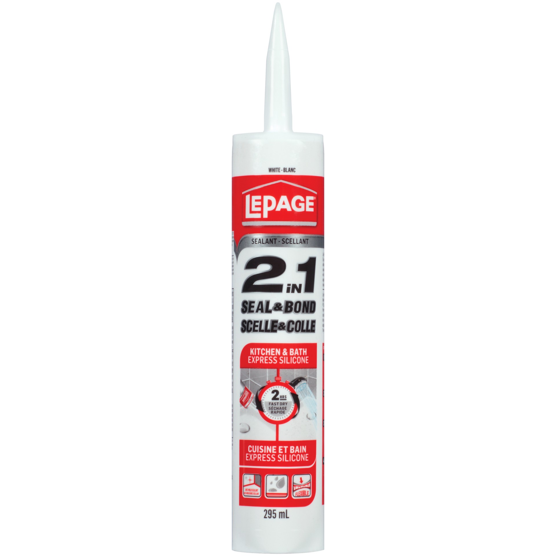 LePage 2-in-1 Seal & Bond Bath & Kitchen Caulk Sealant, Water-Resistant, White, 295-mL