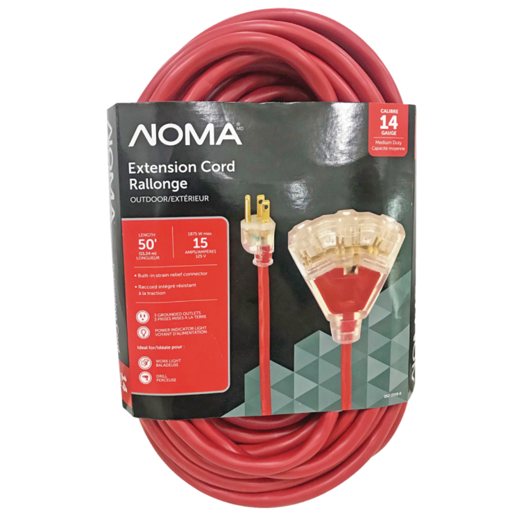 NOMA 14/3 Outdoor Extension Cord with 3 Grounded Outlets & Lighted End, Red
