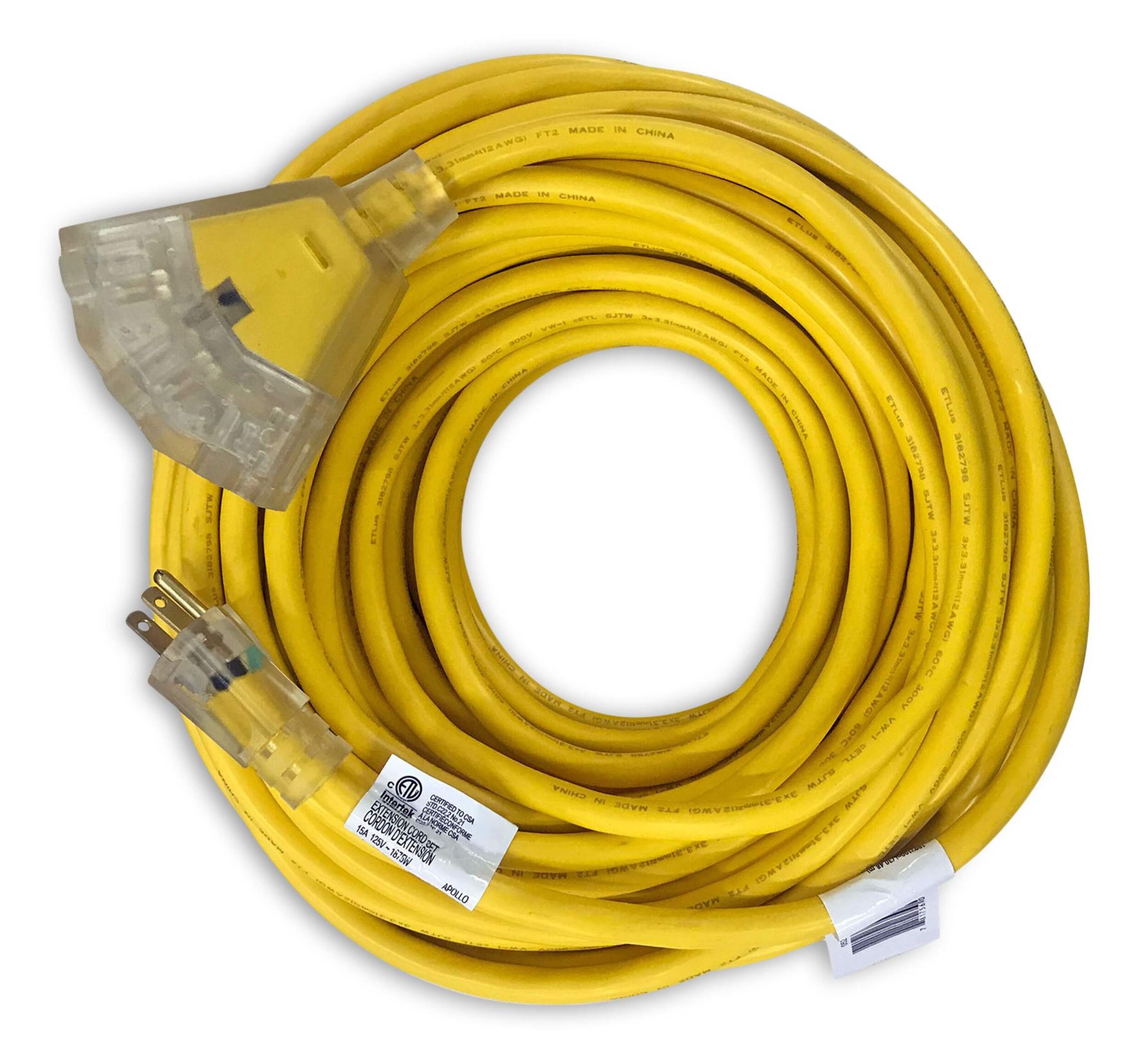 Mastercraft 12/3 Yellow Outdoor Extension Cord with 3 Grounded Outlets and Lighted End - 50ft