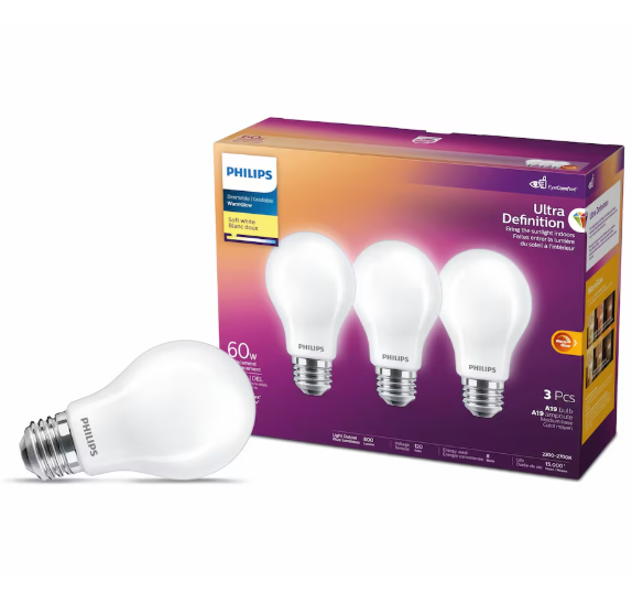 Philips UltraDefinition LED A19 E26 60W Equivalent Light Bulb, Dimmable Soft White (2700K) 3-Pack