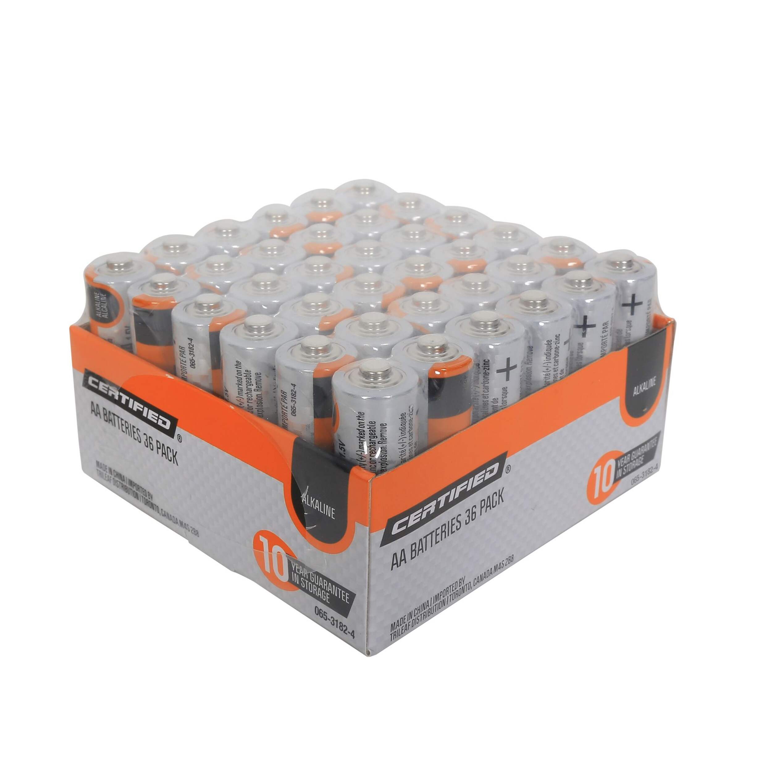 Certified AA Alkaline Battery Set, All Purpose, Long Shelf Life, 36-pk