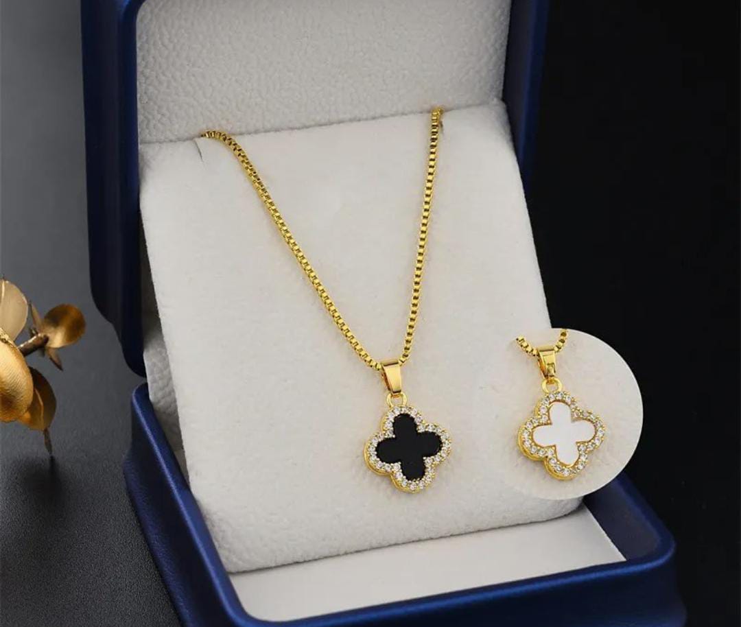 Clover Elegance: Double Side Necklace With Stones