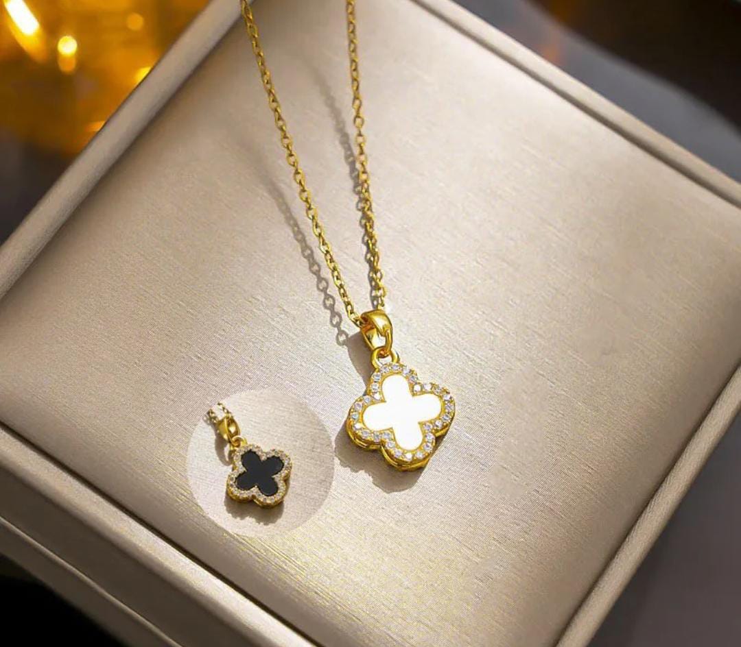 Clover Elegance: Double Side Necklace With Stones
