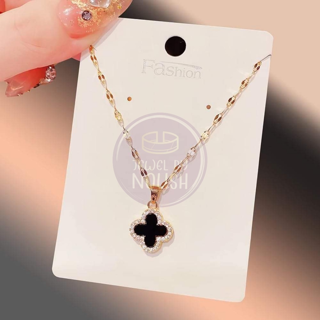 Clover Elegance: Double Side Necklace With Stones
